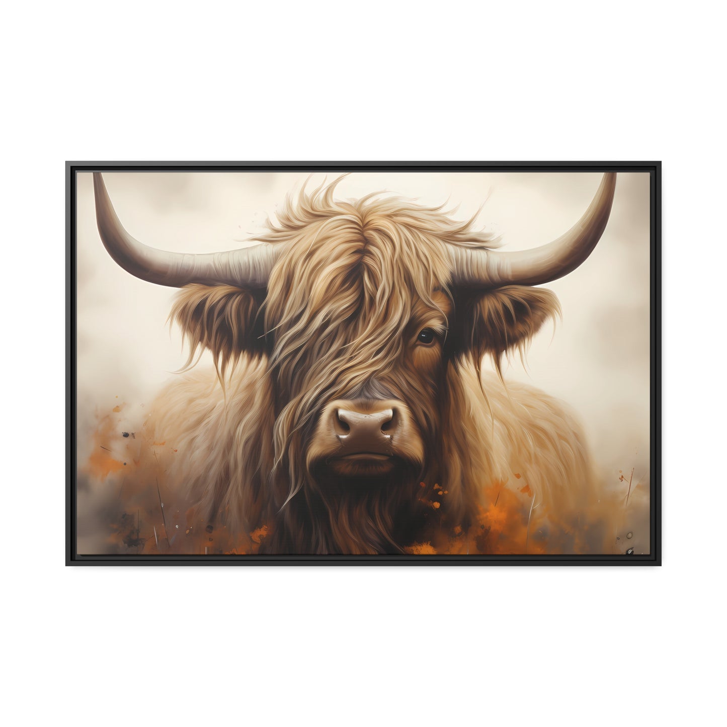 Framed Canvas Artwork Strong Stunning Highlander Bull Warm Fiery Flames Emotional Stylish Bull Staring Into The Viewer Captivating Highly Detailed Painting Style Perfect To Warm Up A Homestead Or Country Home