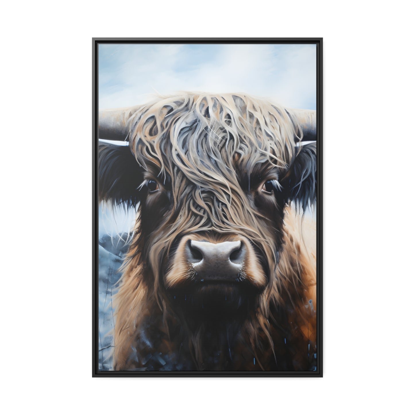 Framed Canvas Artwork Strong Stunning Highlander Bull Emotional Staring Into The Viewer Captivating Highly Detailed Painting Style