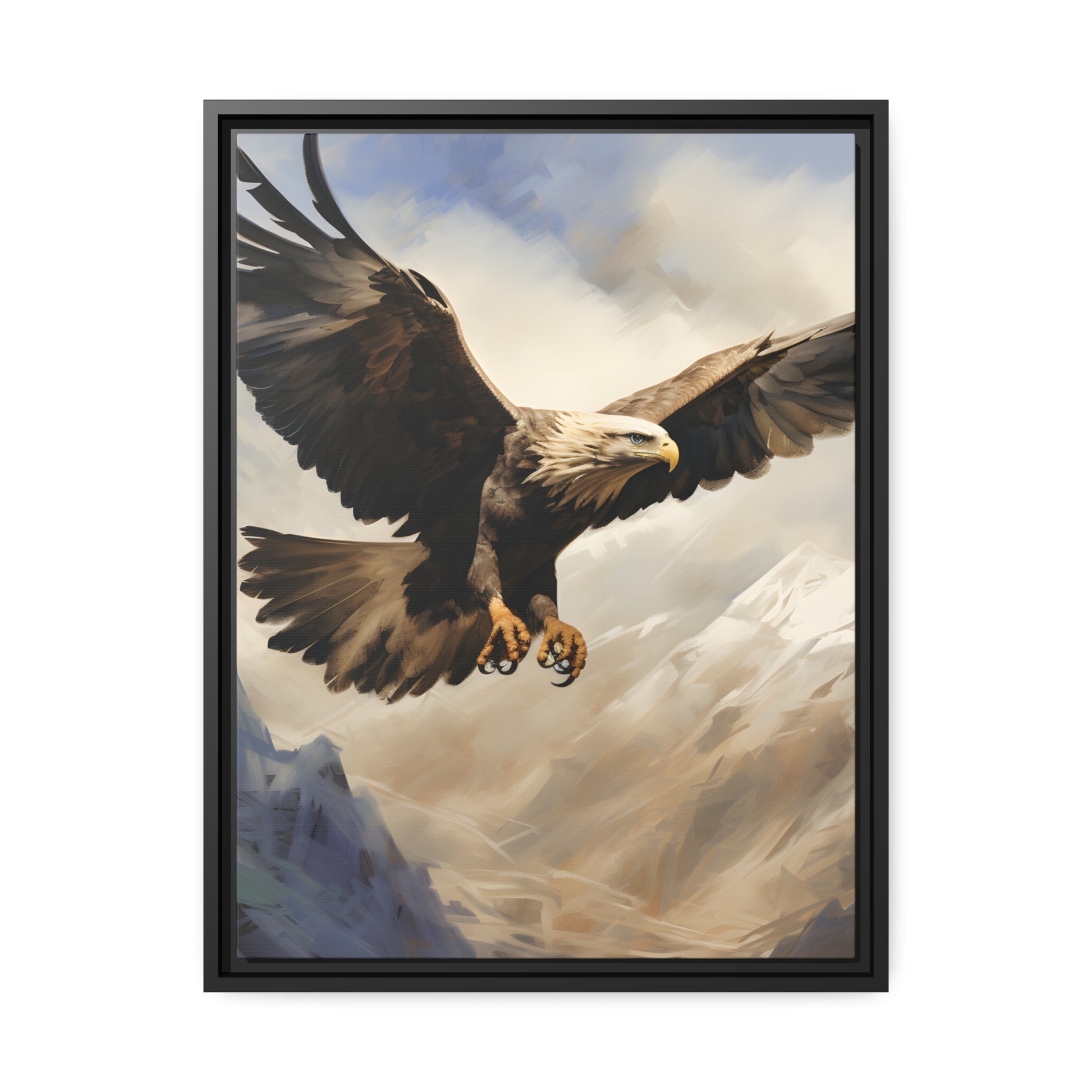 Framed Canvas Artwork Strong Soaring Bald Eagle Snowy Mountains Detailed Painting
