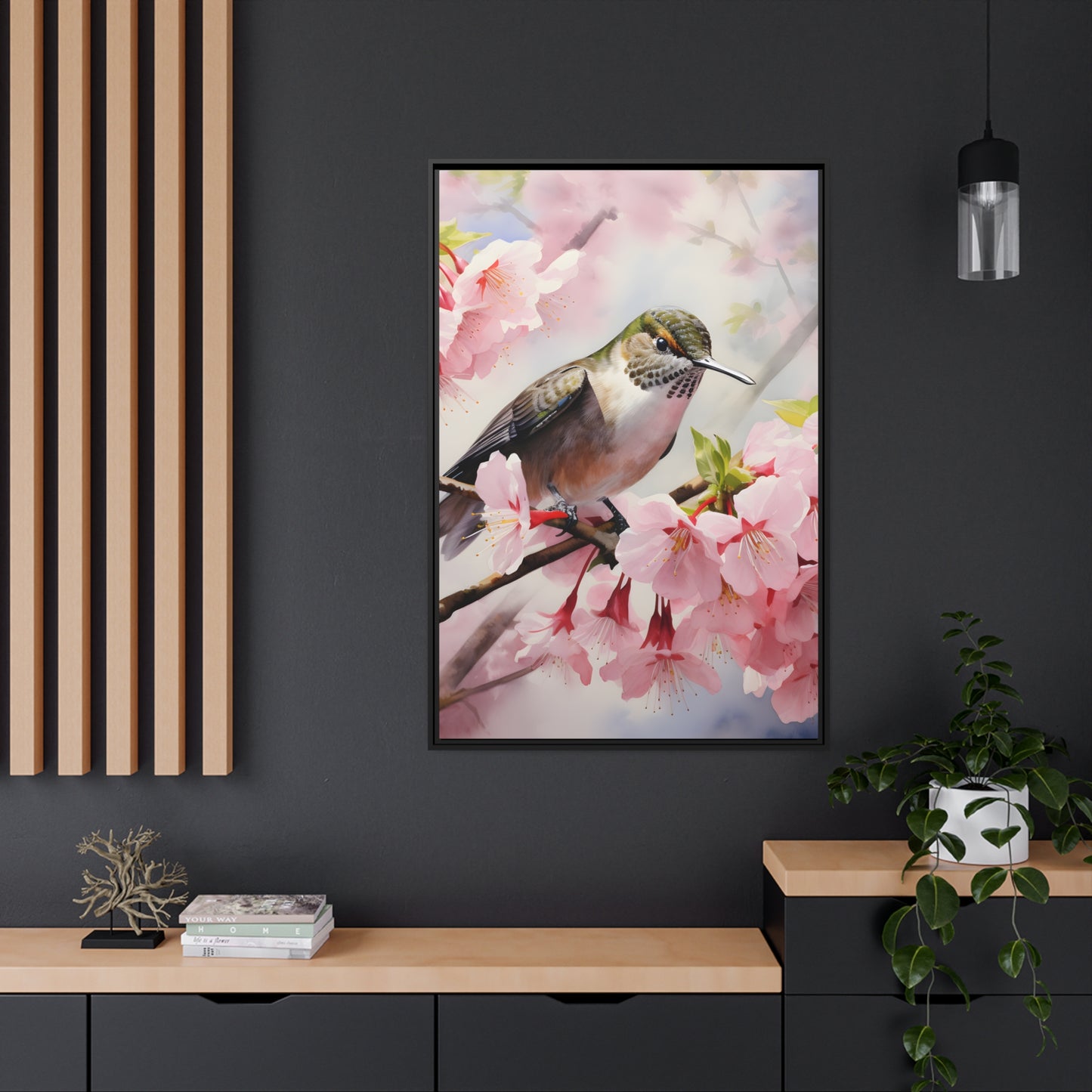 Framed Canvas Artwork Humming Bird Amongst Cherry Blossoms Floating Frame Canvas Artwork