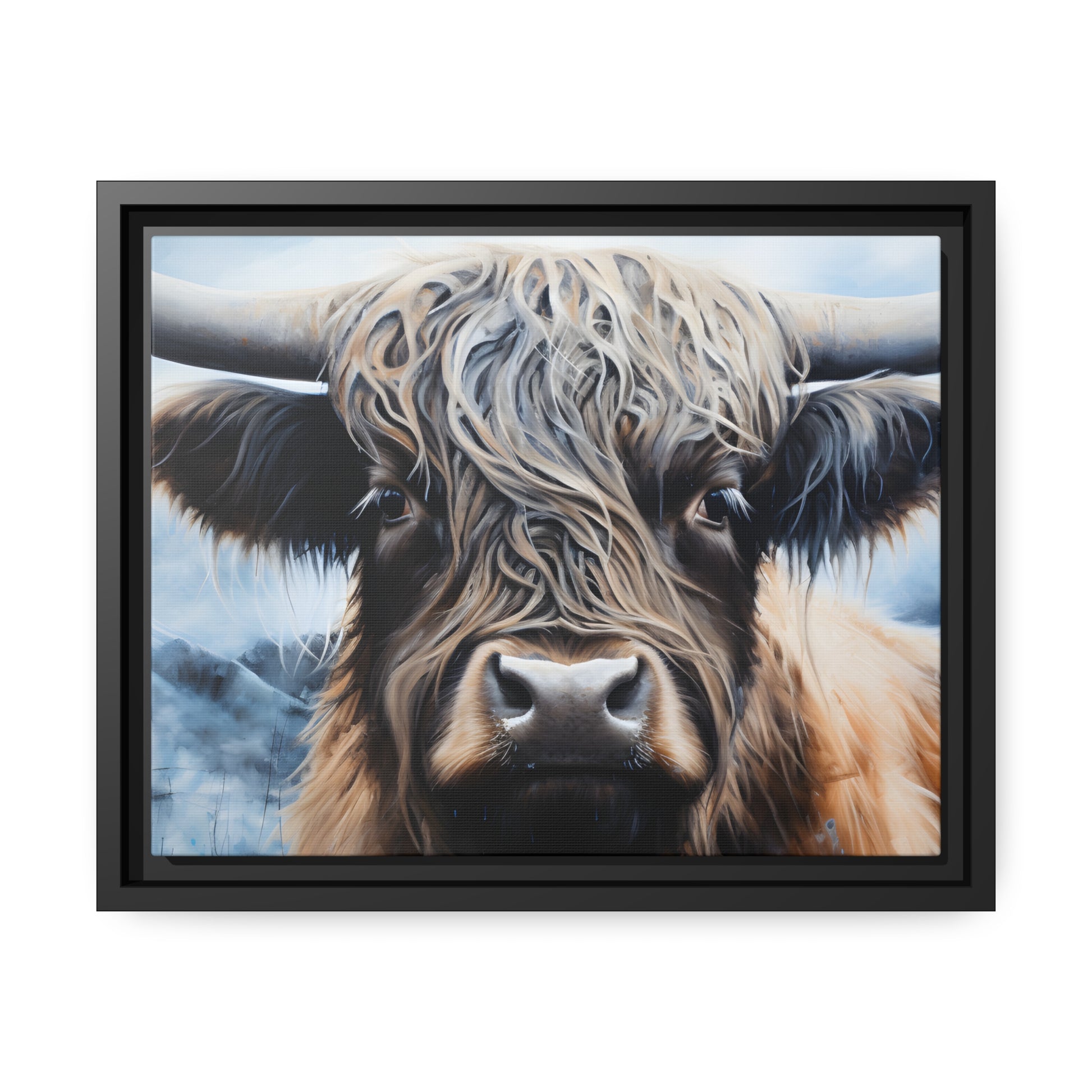 Framed Canvas Artwork Strong Stunning Highlander Bull Emotional Staring Into The Viewer Captivating Highly Detailed Painting Style