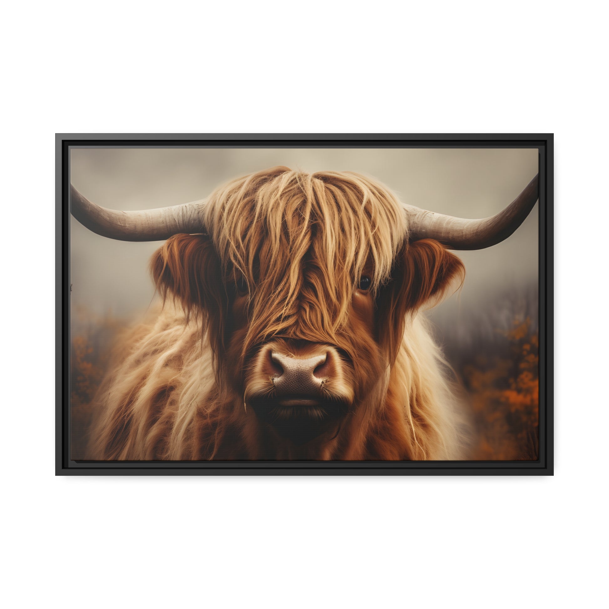 Framed Canvas Artwork Strong Stunning Highlander Bull Warm Fiery Background Emotional Staring Into The Viewer Captivating Highly Detailed Painting Style Perfect To Warm Up A Homestead Or Country Home