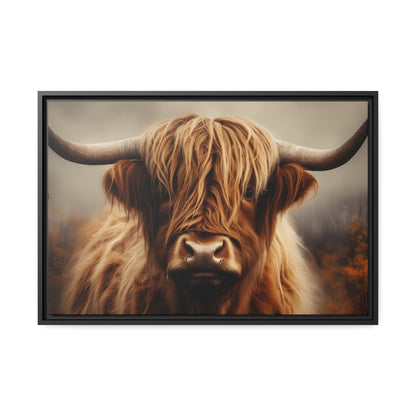 Framed Canvas Artwork Strong Stunning Highlander Bull Warm Fiery Background Emotional Staring Into The Viewer Captivating Highly Detailed Painting Style Perfect To Warm Up A Homestead Or Country Home