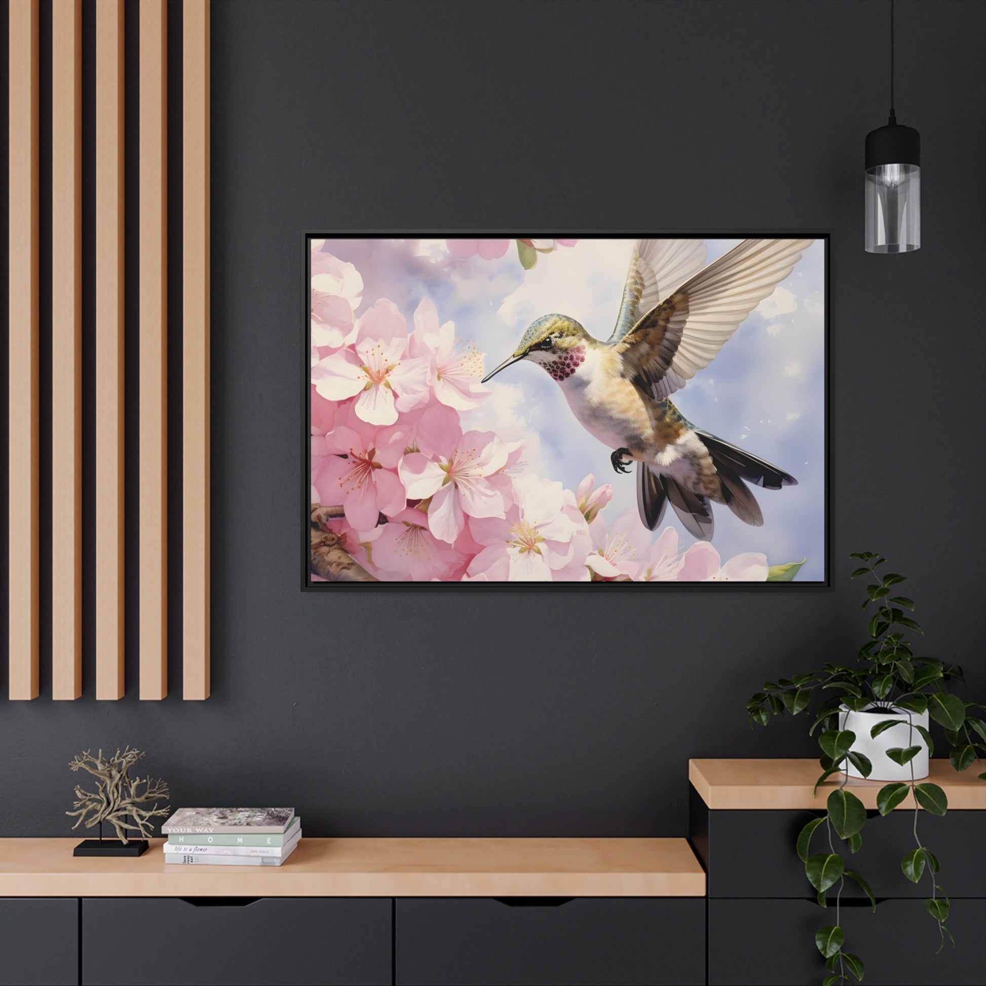 Framed Canvas Artwork Humming Bird Hovering Mid Air While Seeking Out Fresh Honey Amongst The Cherry Blossoms Framed Canvas Artwork