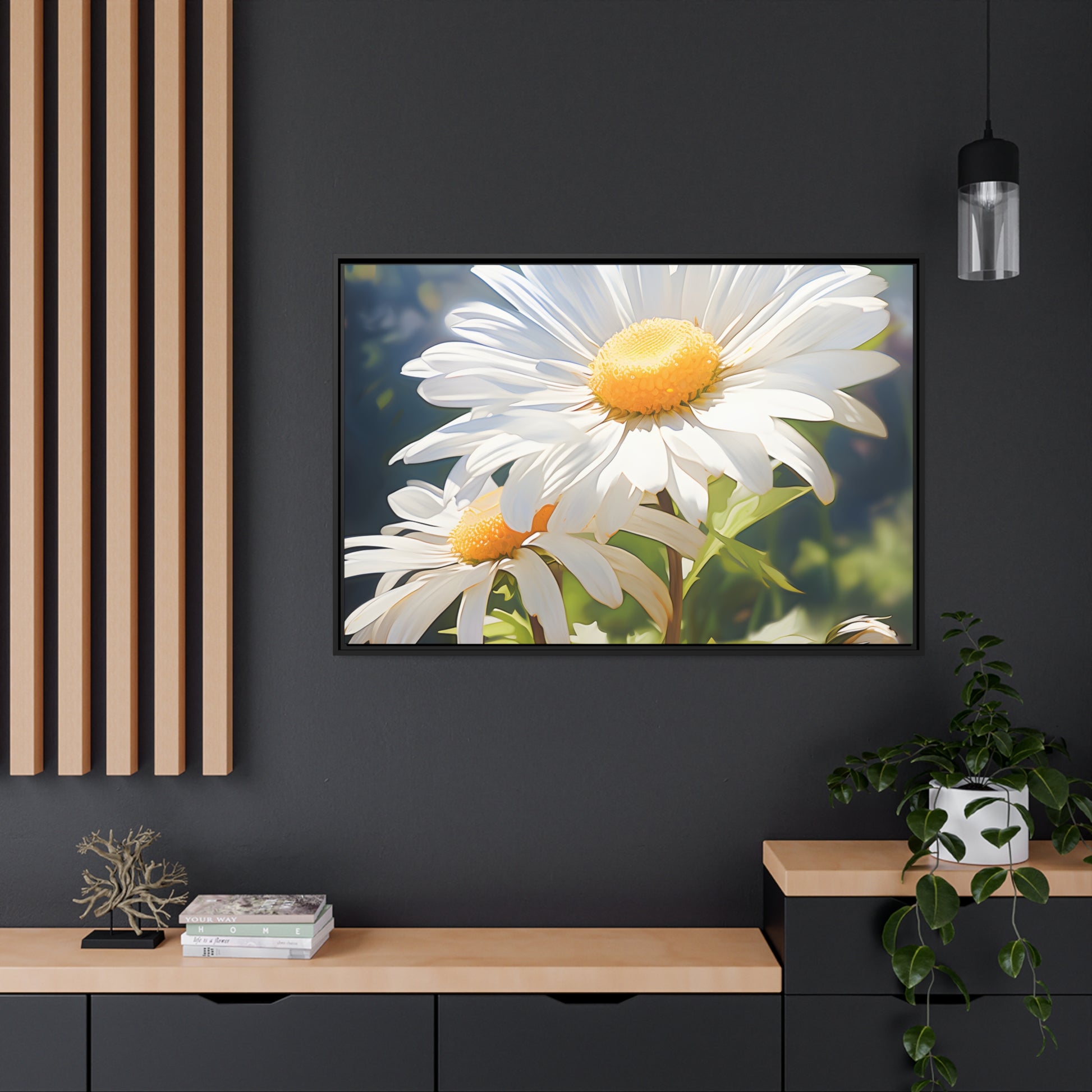 Framed Canvas Nature Inspired Artwork Stunning Sunlit Daisy Blooming Oil Painting Style