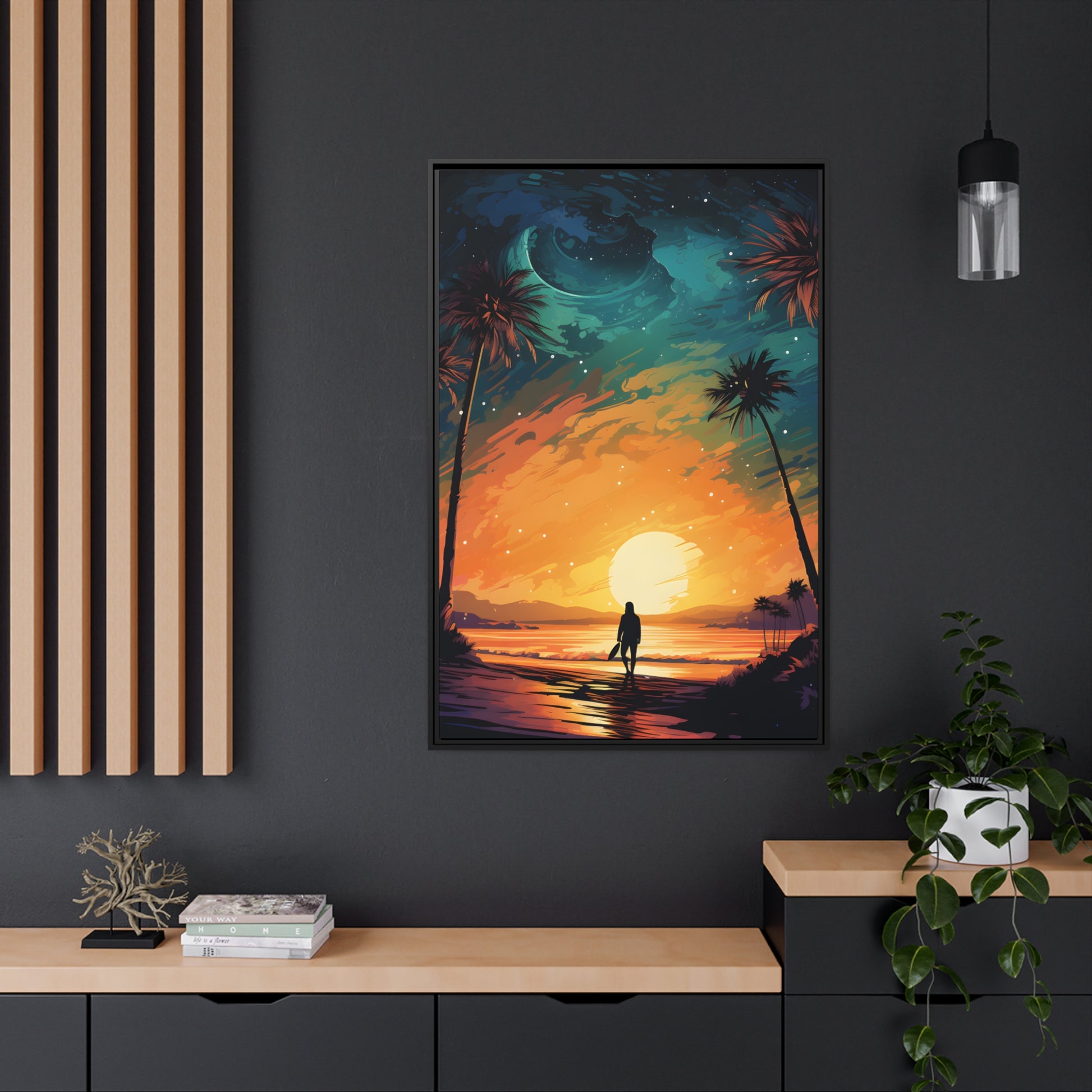 Framed Canvas Lifestyle/Ocean Side Artwork Smooth Ocean Water Dark Sunset Palm Tree Silhouettes Line The Pathway Large Sun Setting In Line With Perspective Moon Lit Star Filled Night Sky Floating Canvas Framed Artwork