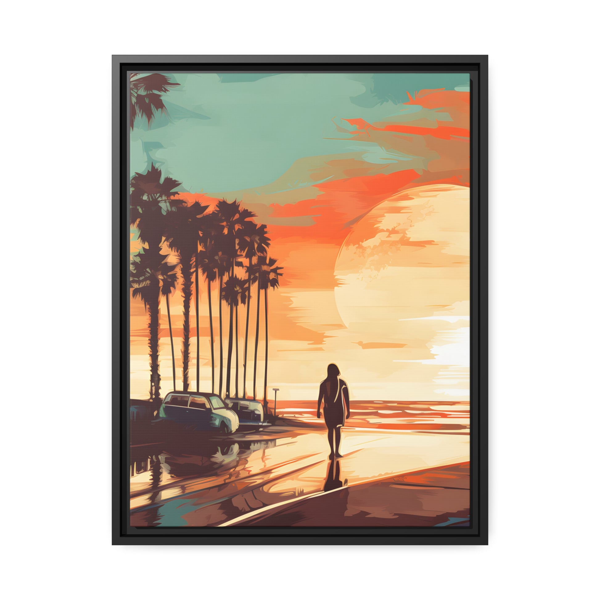 Framed Canvas artwork sunset watercolor oceanside framed painting Warm Colors Vintage Cars And A Large Sun Setting Into The Horizon Floating Canvas Framed Artwork