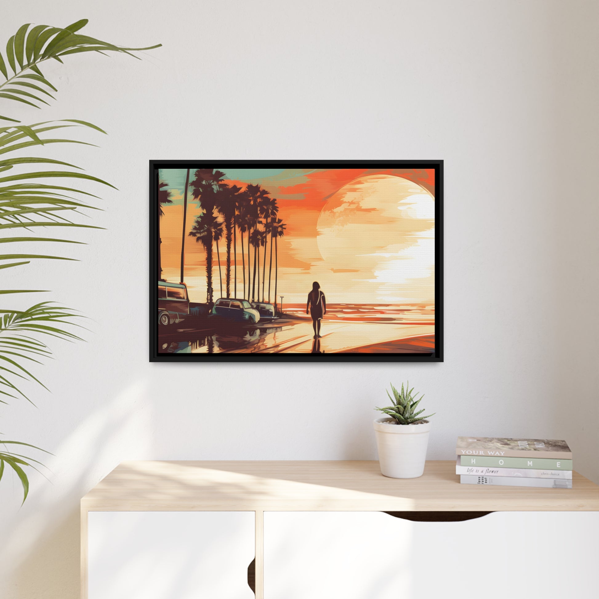 Framed Canvas artwork sunset watercolor oceanside framed painting Warm Colors Vintage Cars And A Large Sun Setting Into The Horizon Floating Canvas Framed Artwork