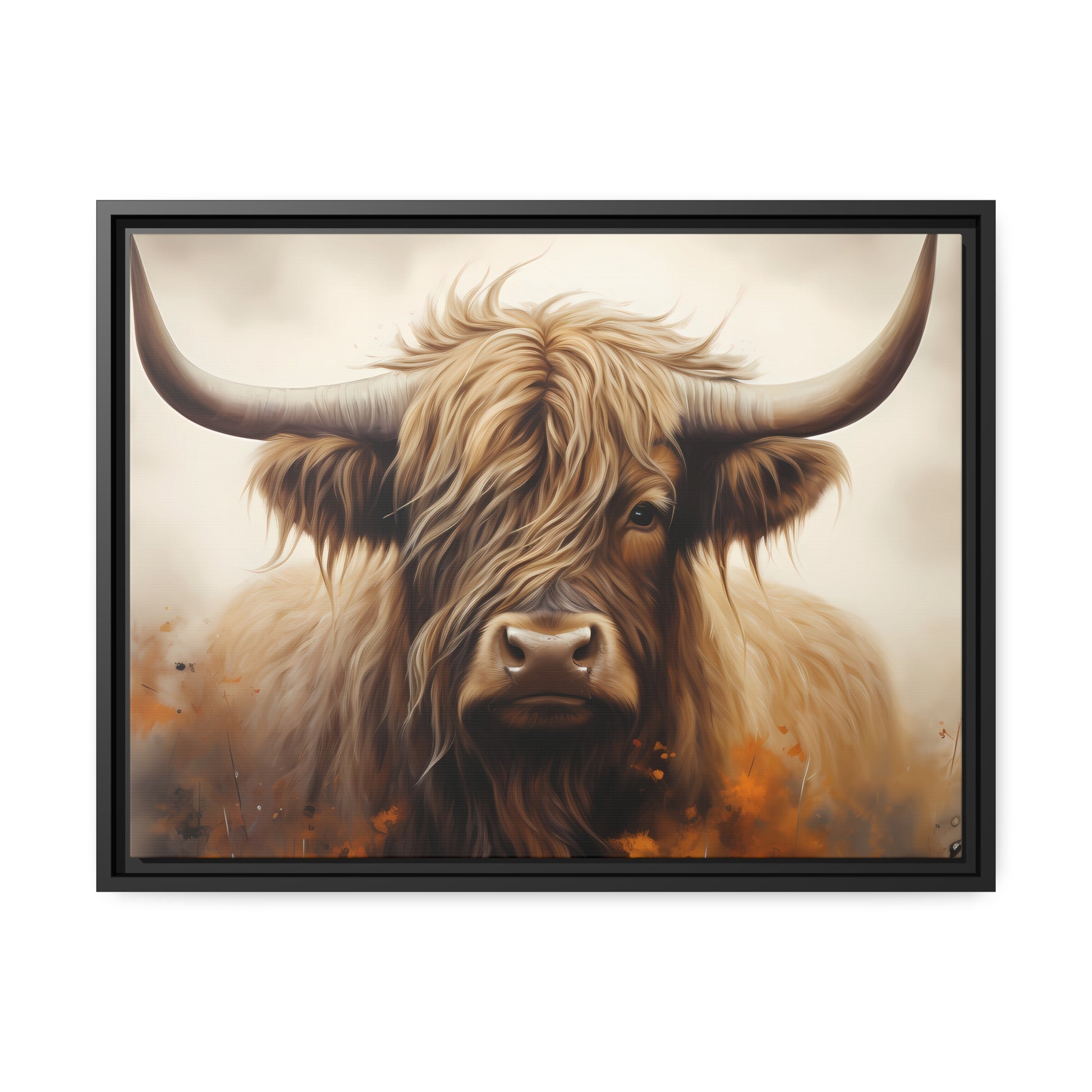 Framed Canvas Artwork Strong Stunning Highlander Bull Warm Fiery Flames Emotional Stylish Bull Staring Into The Viewer Captivating Highly Detailed Painting Style Perfect To Warm Up A Homestead Or Country Home