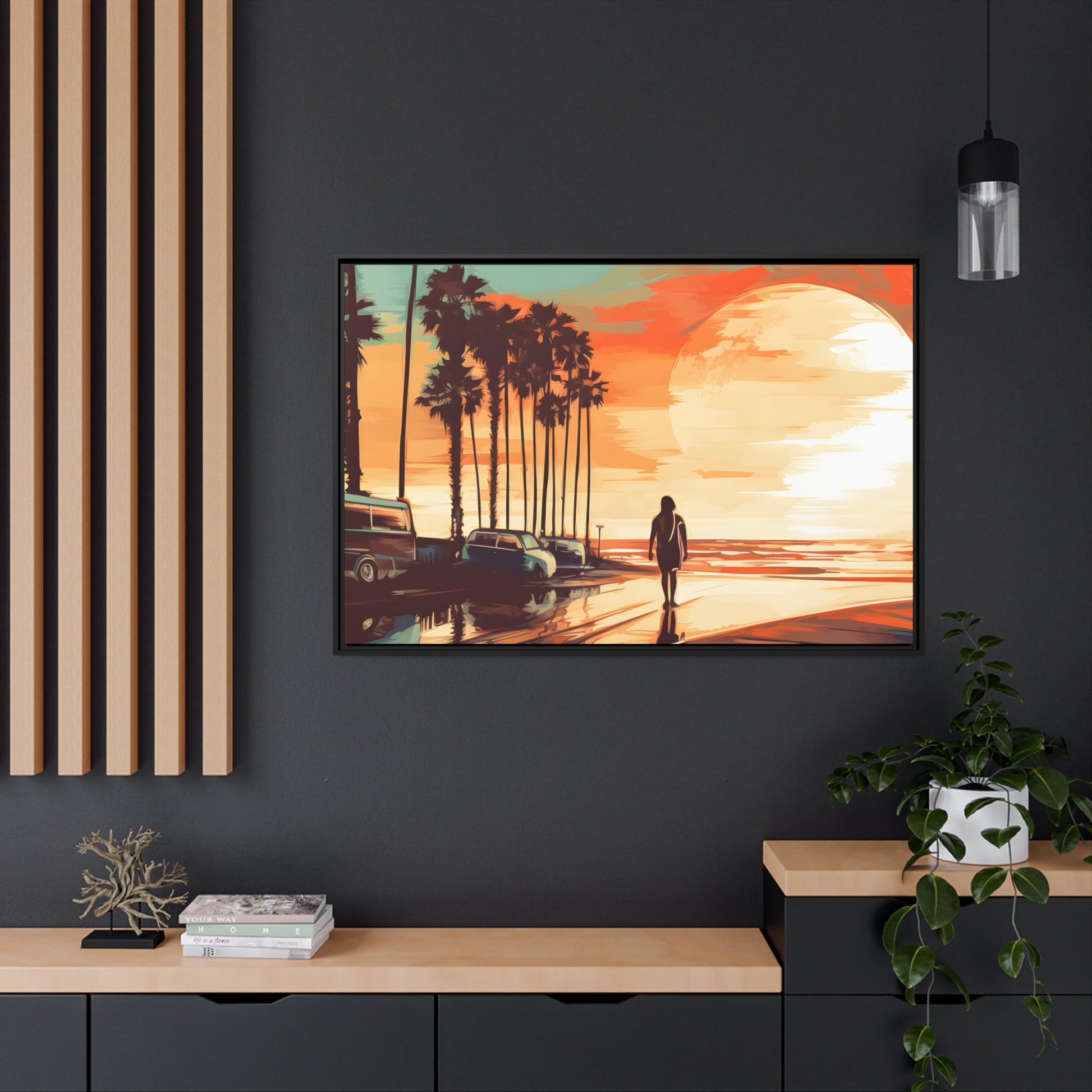 Framed Canvas artwork sunset watercolor oceanside framed painting Warm Colors Vintage Cars And A Large Sun Setting Into The Horizon Floating Canvas Framed Artwork