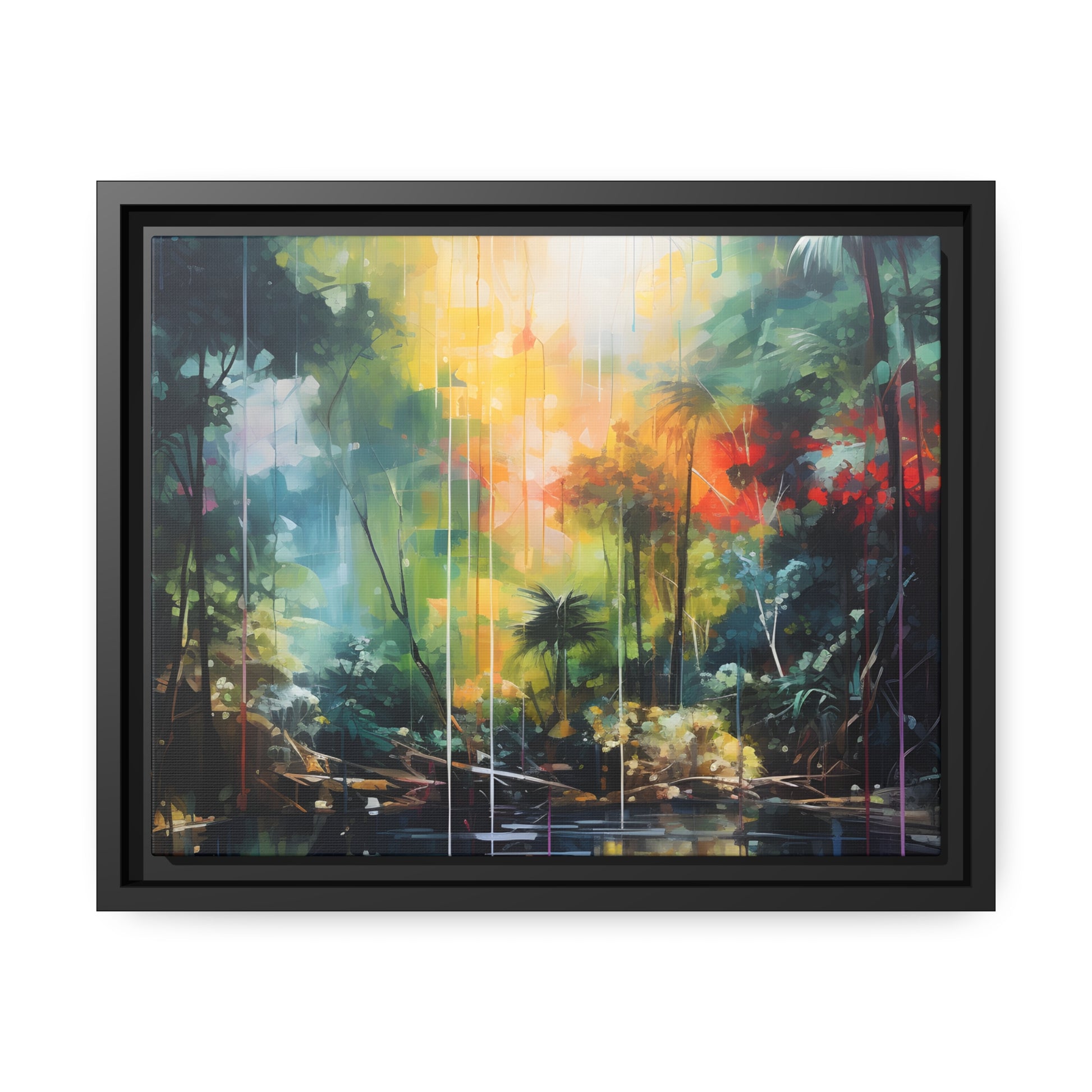 Framed Canvas Abstract Artwork Bright Vibrant Colorful Rainbow Jungle Behind A Pond Oil Painting Style Abstract Art Framed Canvas Nature