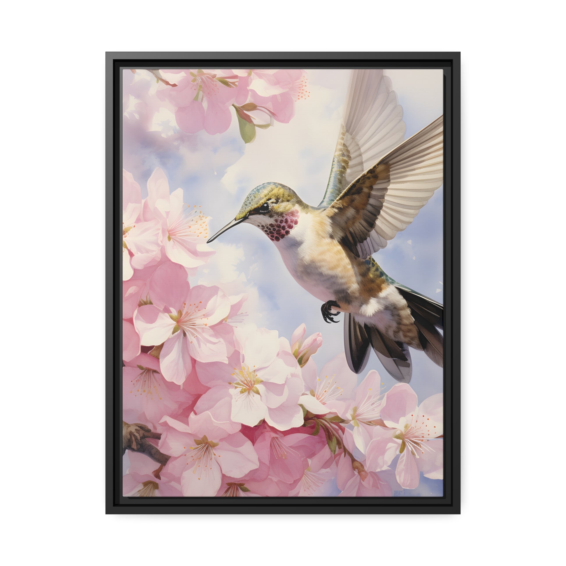 Framed Canvas Artwork Humming Bird Hovering Mid Air While Seeking Out Fresh Honey Amongst The Cherry Blossoms Framed Canvas Artwork