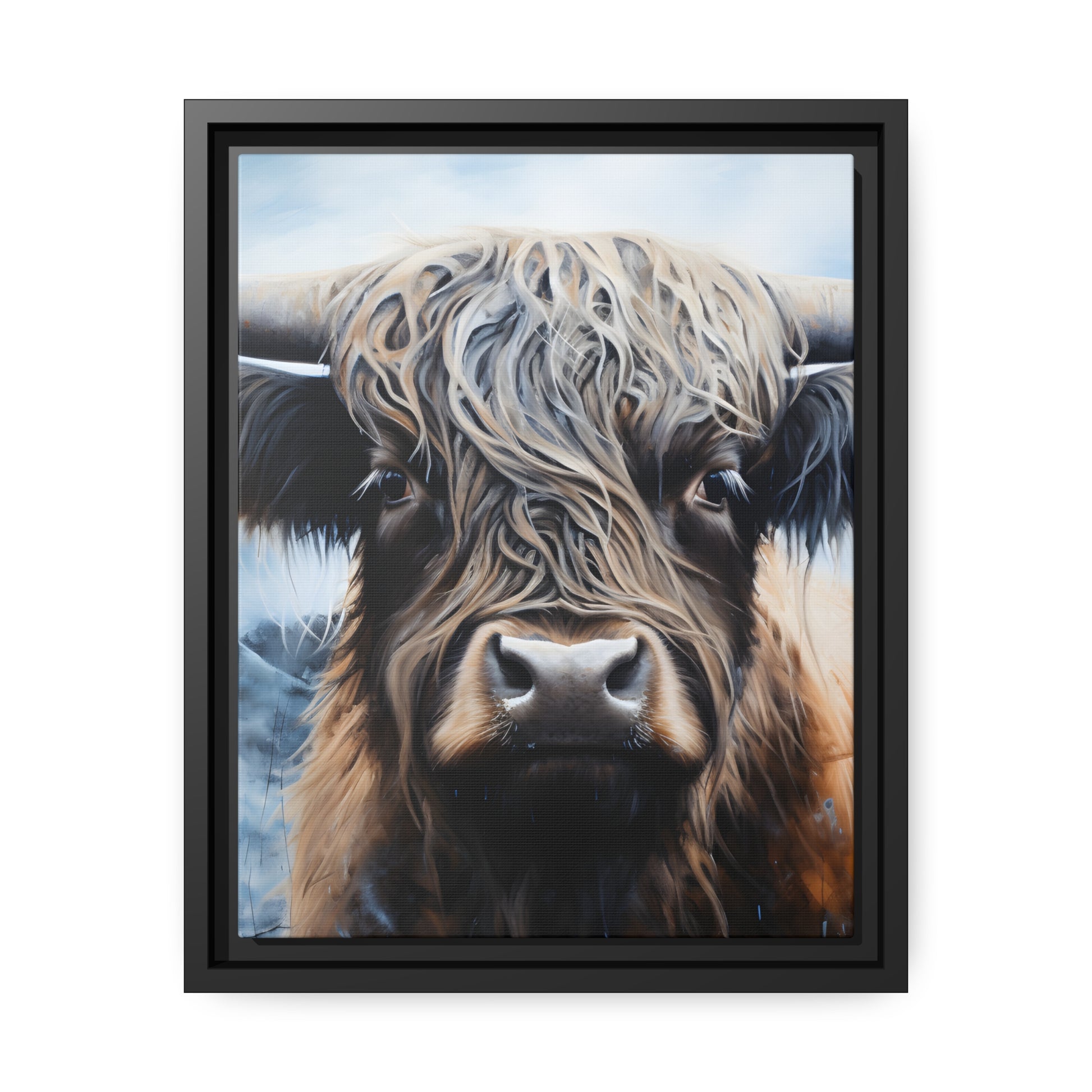 Framed Canvas Artwork Strong Stunning Highlander Bull Emotional Staring Into The Viewer Captivating Highly Detailed Painting Style