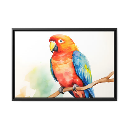 Framed Canvas Artwork Bright Red Parrot With Blue Wings Perched On A Tree Branch Water Color Painting Style