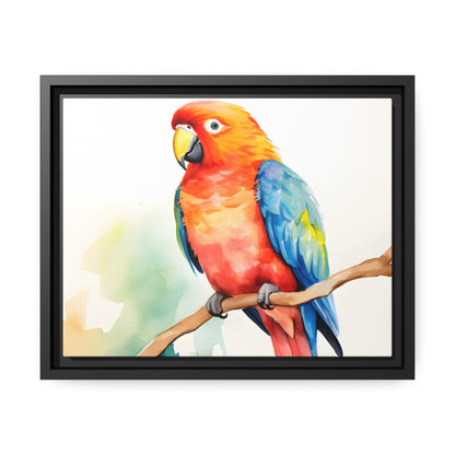 Framed Canvas Artwork Bright Red Parrot With Blue Wings Perched On A Tree Branch Water Color Painting Style