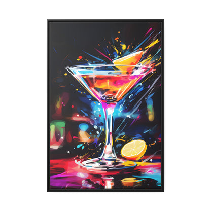 Framed Canvas artwork Bar/Night Life Art Bright Neon Splashes Surrounding A Martini Glass Full Of Alcohol Framed Canvas Painting Alcohol Art Iced Drink Close Up 