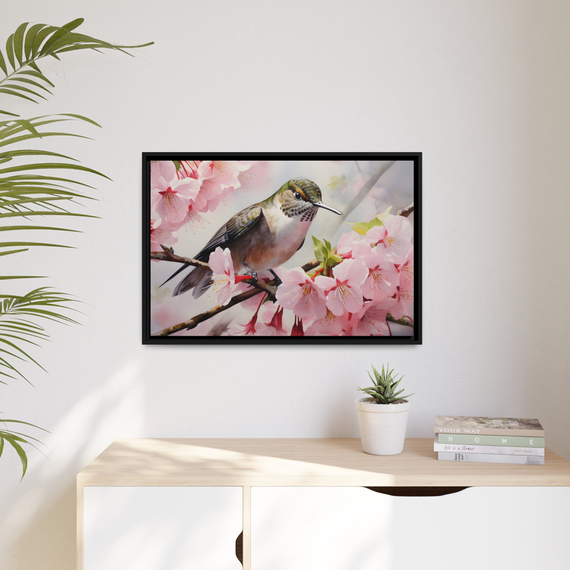 Framed Canvas Artwork Humming Bird Amongst Cherry Blossoms Floating Frame Canvas Artwork