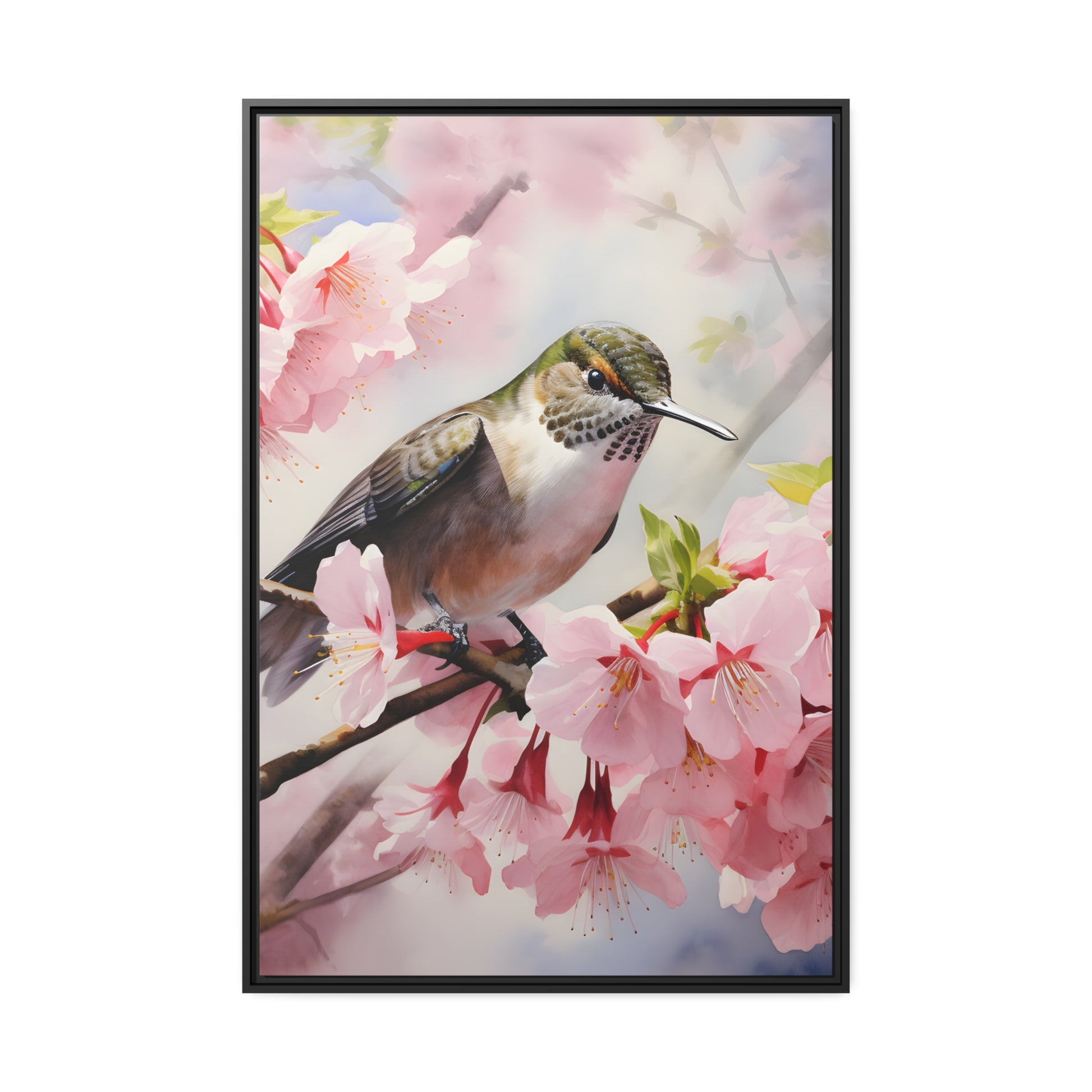 Framed Canvas Artwork Humming Bird Amongst Cherry Blossoms Floating Frame Canvas Artwork