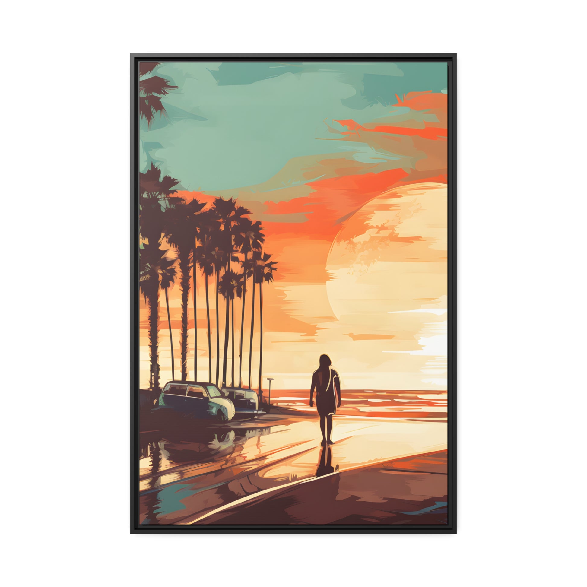 Framed Canvas artwork sunset watercolor oceanside framed painting Warm Colors Vintage Cars And A Large Sun Setting Into The Horizon Floating Canvas Framed Artwork
