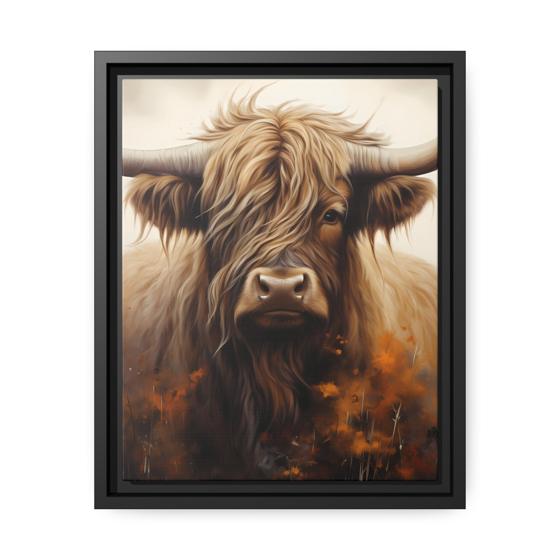 Framed Canvas Artwork Strong Stunning Highlander Bull Warm Fiery Flames Emotional Stylish Bull Staring Into The Viewer Captivating Highly Detailed Painting Style Perfect To Warm Up A Homestead Or Country Home