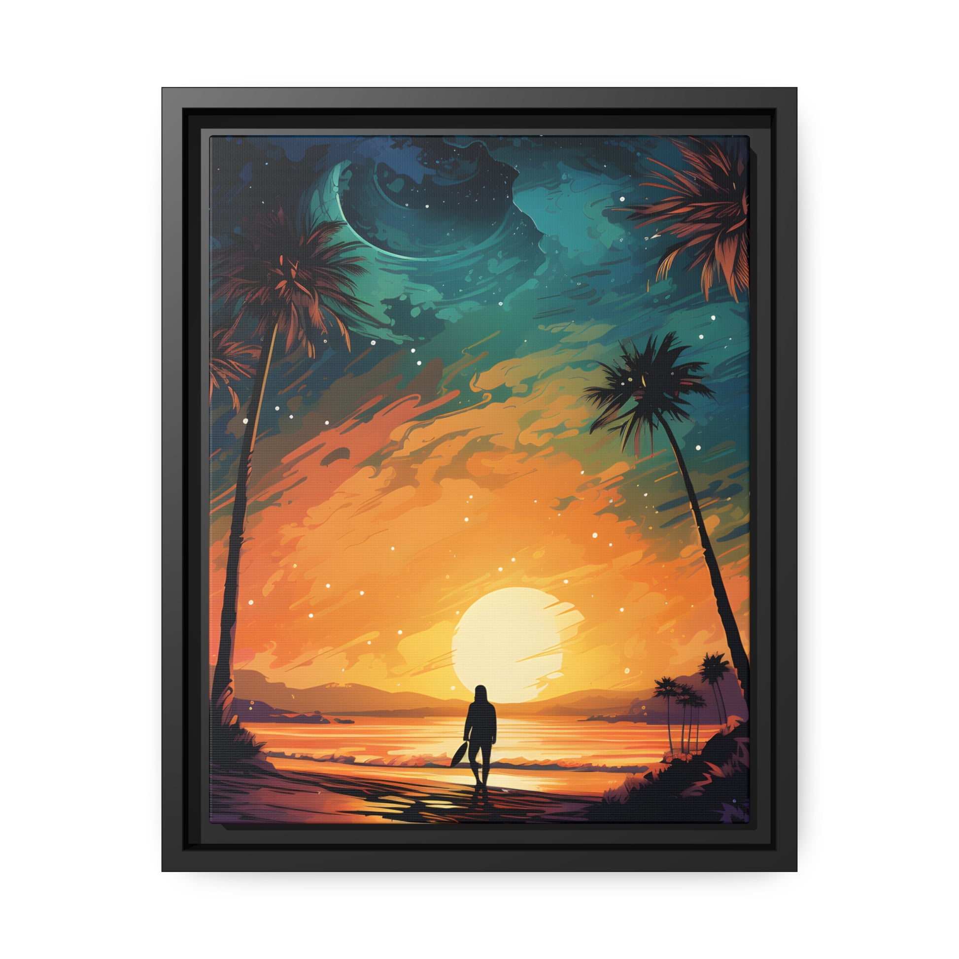 Framed Canvas Lifestyle/Ocean Side Artwork Smooth Ocean Water Dark Sunset Palm Tree Silhouettes Line The Pathway Large Sun Setting In Line With Perspective Moon Lit Star Filled Night Sky Floating Canvas Framed Artwork