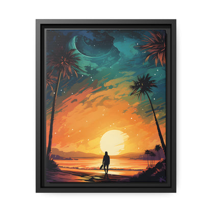 Framed Canvas Lifestyle/Ocean Side Artwork Smooth Ocean Water Dark Sunset Palm Tree Silhouettes Line The Pathway Large Sun Setting In Line With Perspective Moon Lit Star Filled Night Sky Floating Canvas Framed Artwork