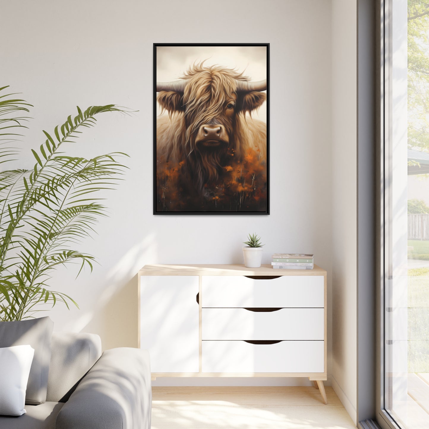 Framed Canvas Artwork Strong Stunning Highlander Bull Warm Fiery Flames Emotional Stylish Bull Staring Into The Viewer Captivating Highly Detailed Painting Style Perfect To Warm Up A Homestead Or Country Home