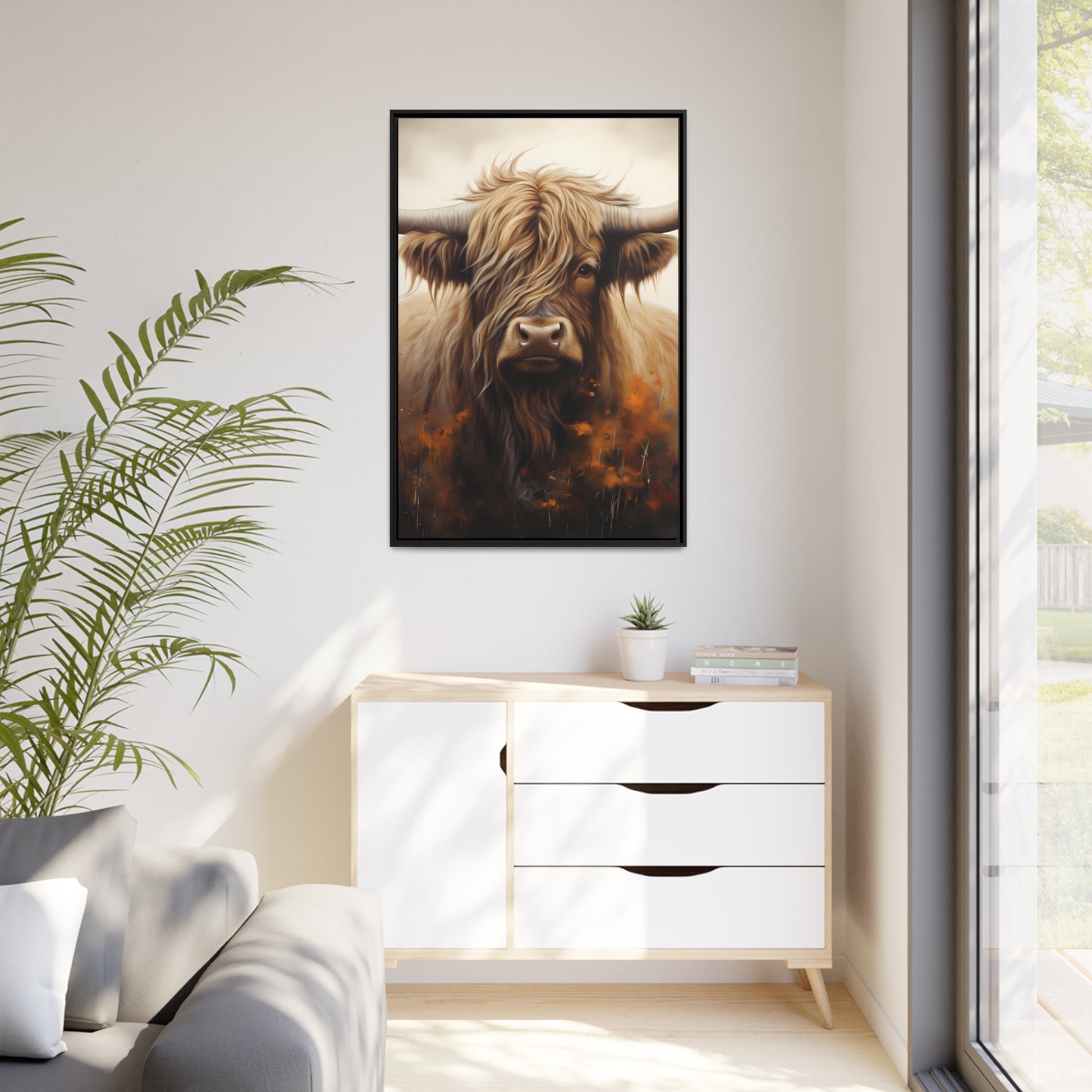 Framed Canvas Artwork Strong Stunning Highlander Bull Warm Fiery Flames Emotional Stylish Bull Staring Into The Viewer Captivating Highly Detailed Painting Style Perfect To Warm Up A Homestead Or Country Home