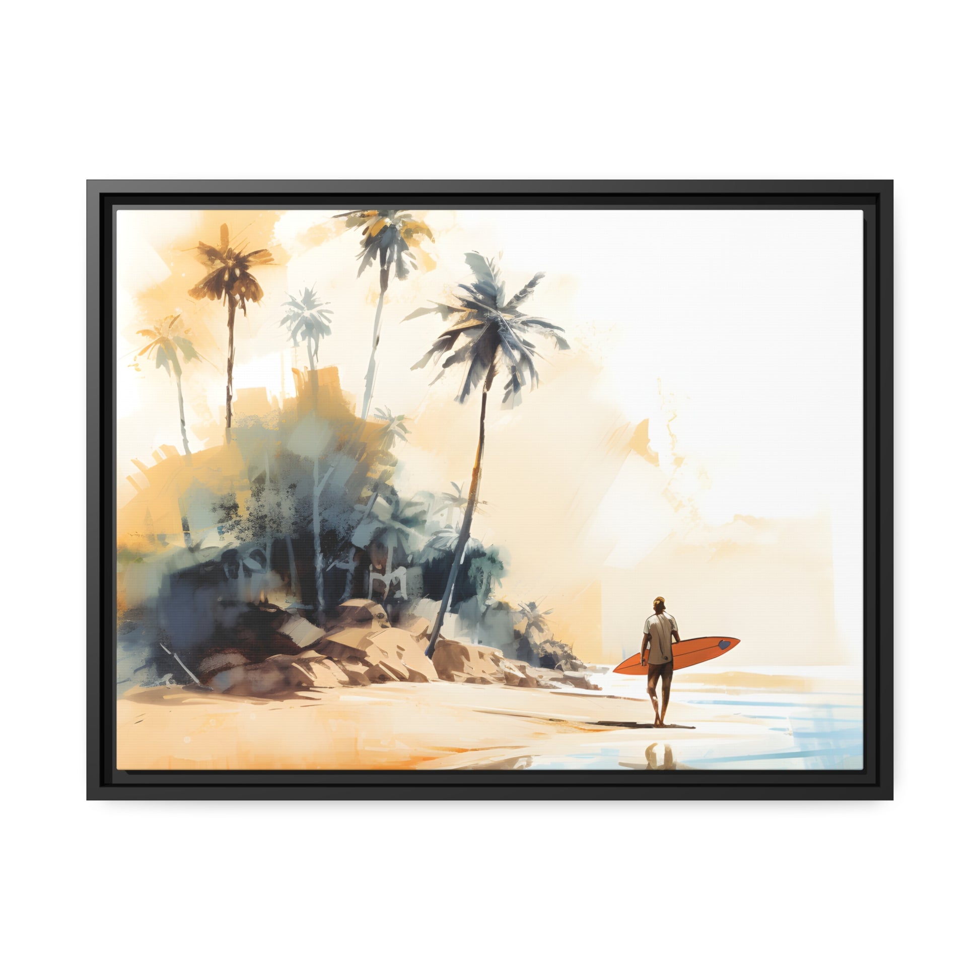 Framed Canvas Artwork Beach Ocean Surfing Art Surfer Walking Up The Beach Holding Surfboard Palm Trees Sets The Tone Floating Frame Canvas Artwork