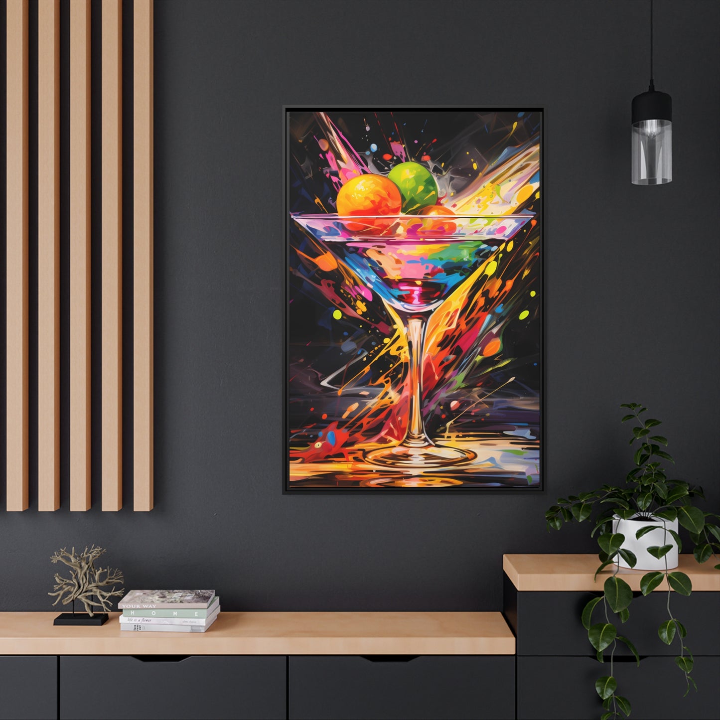 Framed Canvas artwork Bar/Night Life Art Bright Vibrant Neon Splashes Surrounding A Martini Glass Full Of Alcohol On Black Background Framed Canvas Painting Alcohol Art Iced Drink Close Up 