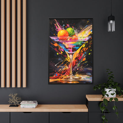 Framed Canvas artwork Bar/Night Life Art Bright Vibrant Neon Splashes Surrounding A Martini Glass Full Of Alcohol On Black Background Framed Canvas Painting Alcohol Art Iced Drink Close Up 