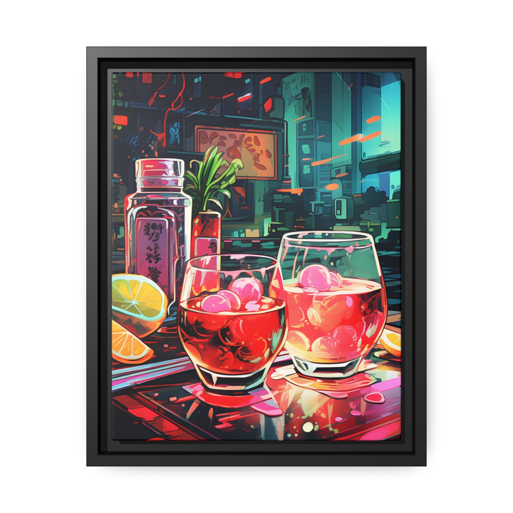 Framed Canvas Artwork Japanese Manga Style Alcohol And Night Life Bar Art Alcoholic Drink With Ice And Lemon Slice Floating Frame Canvas Neon Light Bar Artwork Urban Setting Lifestyle