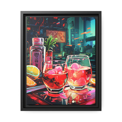 Framed Canvas Artwork Japanese Manga Style Alcohol And Night Life Bar Art Alcoholic Drink With Ice And Lemon Slice Floating Frame Canvas Neon Light Bar Artwork Urban Setting Lifestyle