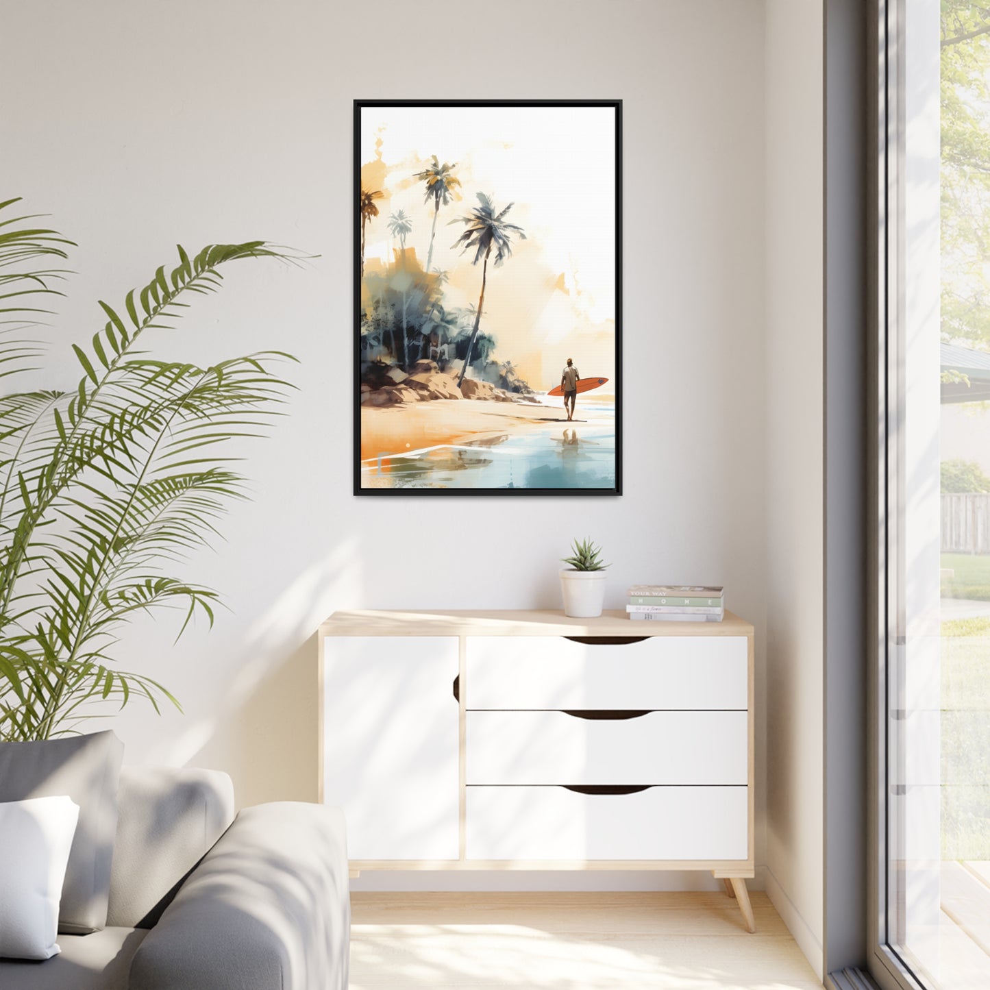 Framed Canvas Artwork Beach Ocean Surfing Art Surfer Walking Up The Beach Holding Surfboard Palm Trees Sets The Tone Floating Frame Canvas Artwork