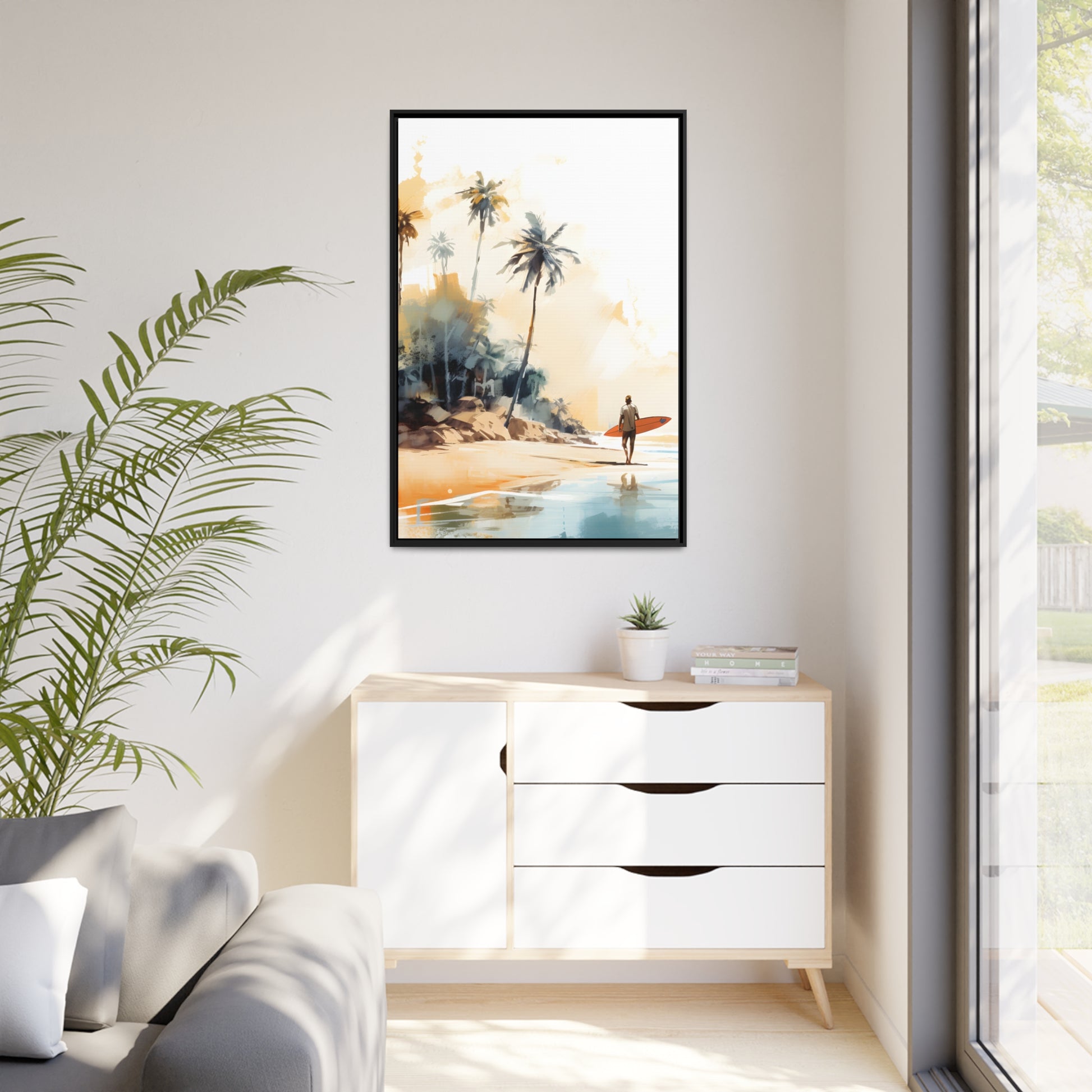 Framed Canvas Artwork Beach Ocean Surfing Art Surfer Walking Up The Beach Holding Surfboard Palm Trees Sets The Tone Floating Frame Canvas Artwork