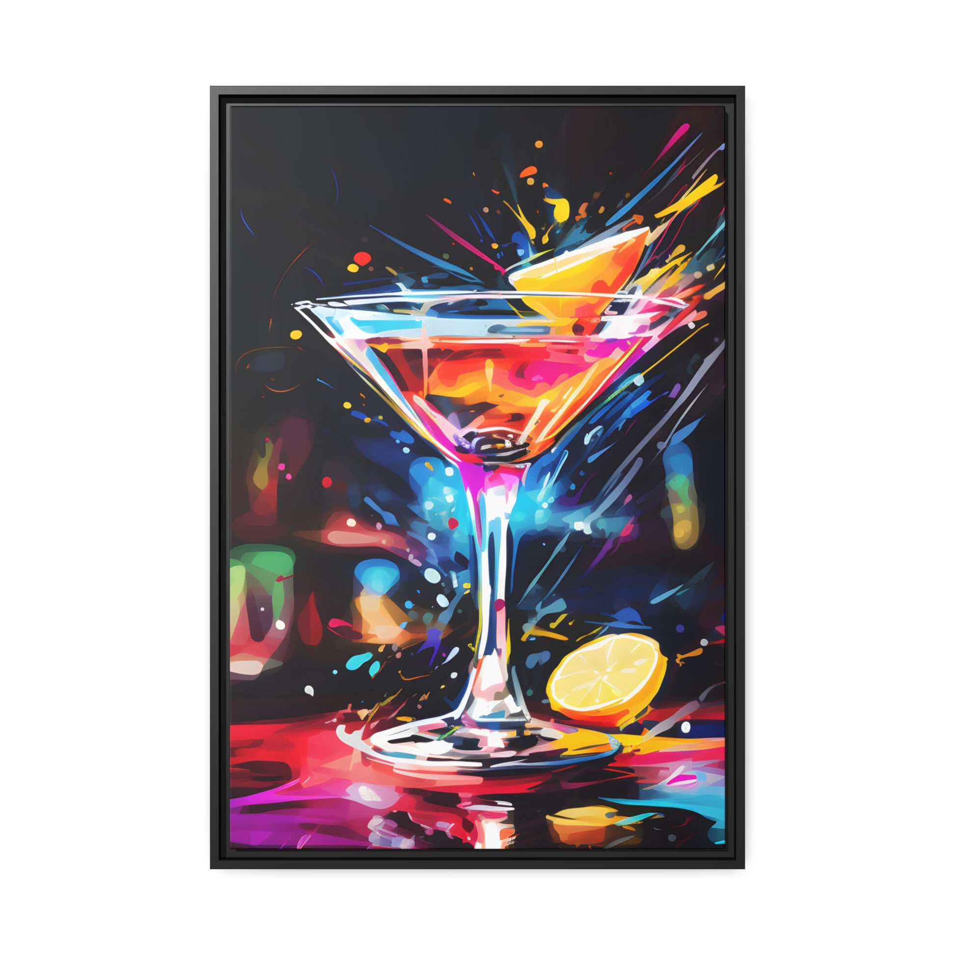 Framed Canvas artwork Bar/Night Life Art Bright Neon Splashes Surrounding A Martini Glass Full Of Alcohol Framed Canvas Painting Alcohol Art Iced Drink Close Up 