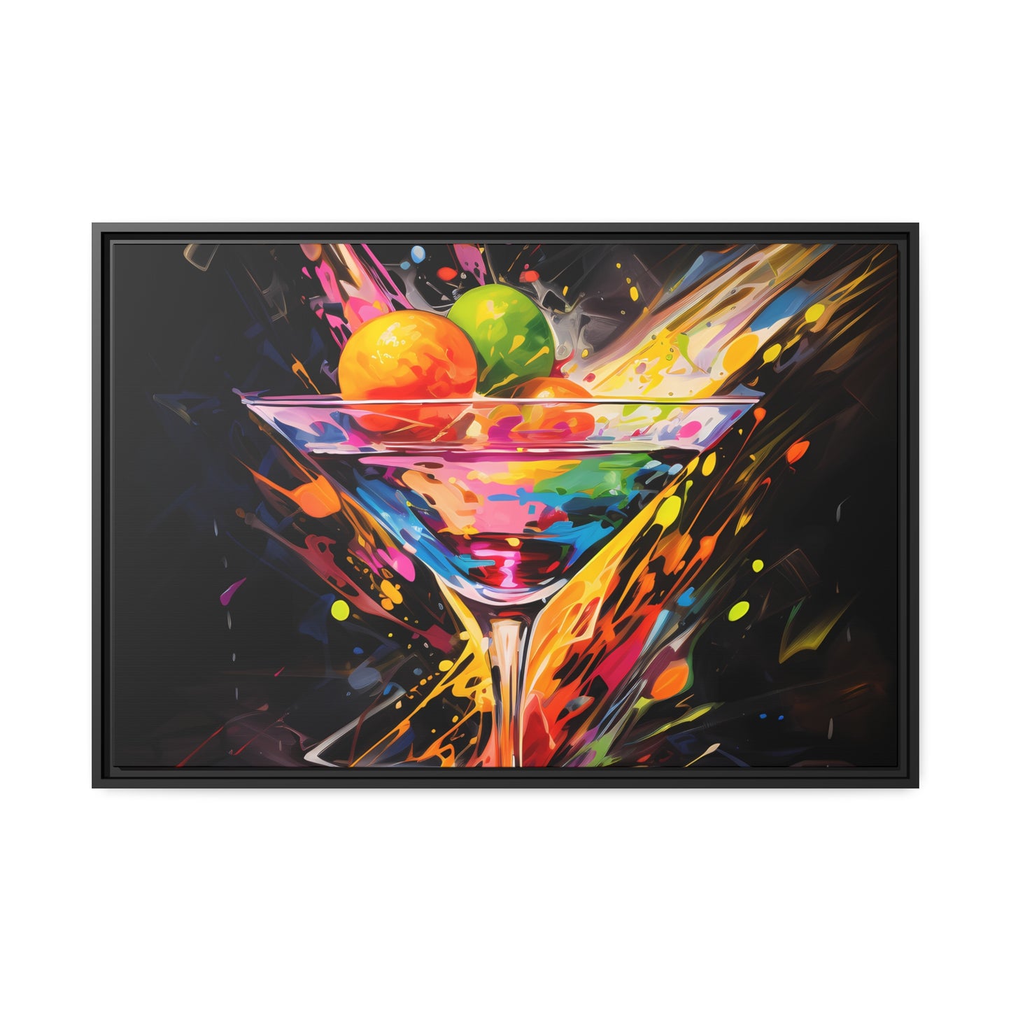 Framed Canvas artwork Bar/Night Life Art Bright Vibrant Neon Splashes Surrounding A Martini Glass Full Of Alcohol On Black Background Framed Canvas Painting Alcohol Art Iced Drink Close Up 