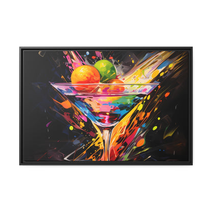Framed Canvas artwork Bar/Night Life Art Bright Vibrant Neon Splashes Surrounding A Martini Glass Full Of Alcohol On Black Background Framed Canvas Painting Alcohol Art Iced Drink Close Up 