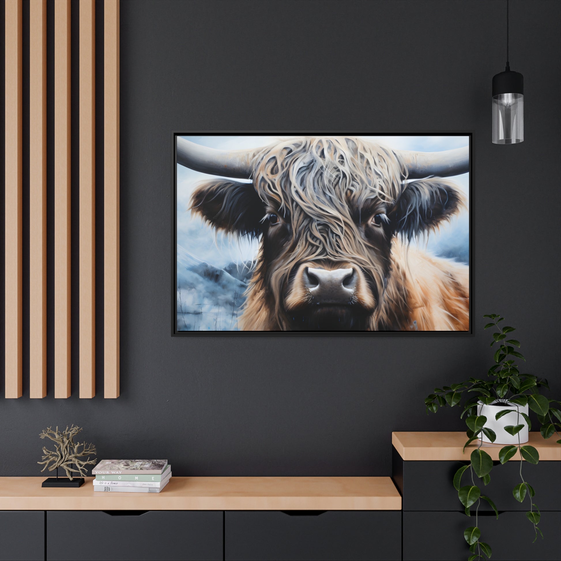 Framed Canvas Artwork Strong Stunning Highlander Bull Emotional Staring Into The Viewer Captivating Highly Detailed Painting Style