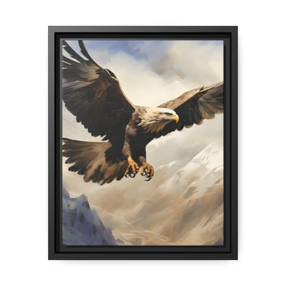 Framed Canvas Artwork Strong Soaring Bald Eagle Snowy Mountains Detailed Painting