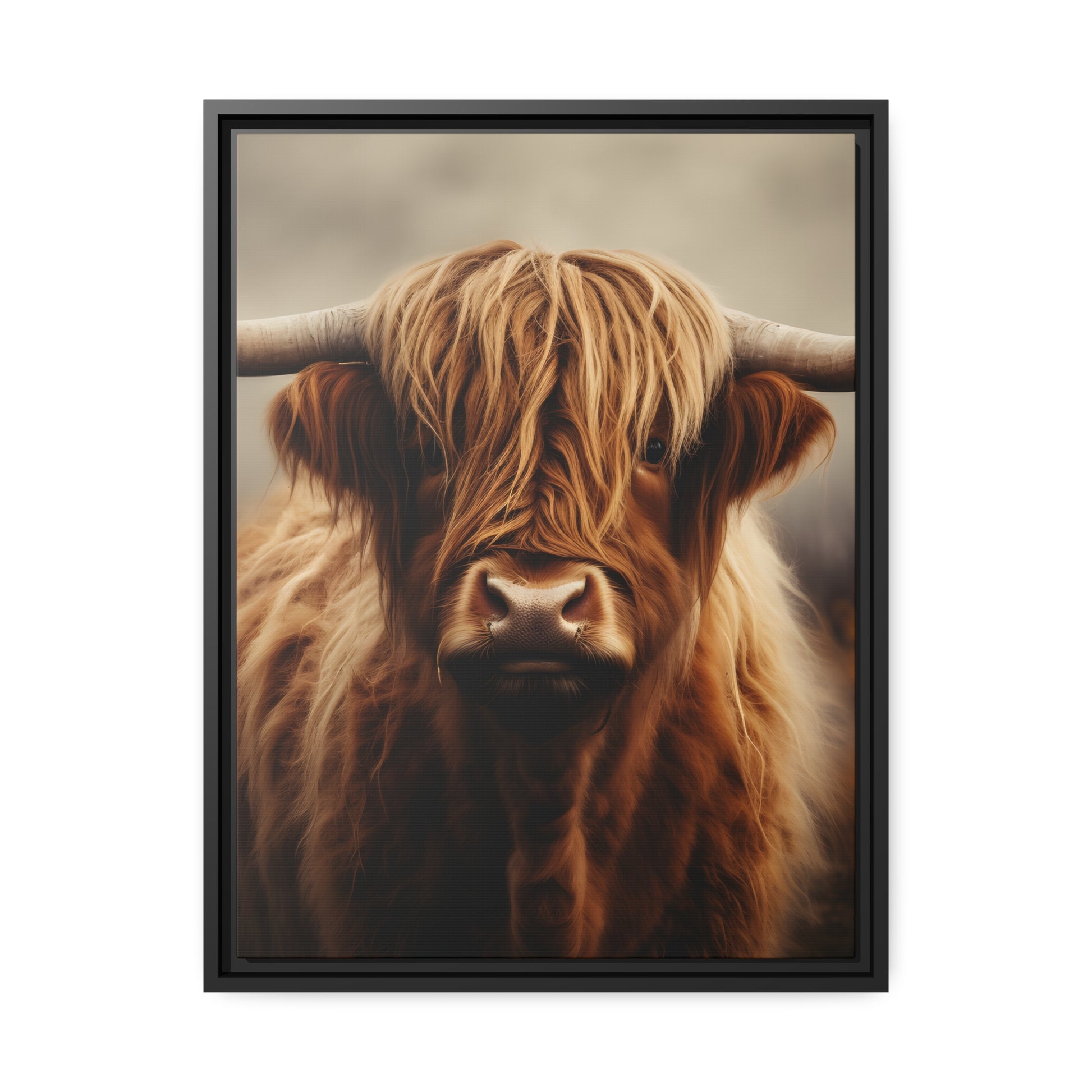 Framed Canvas Artwork Strong Stunning Highlander Bull Warm Fiery Background Emotional Staring Into The Viewer Captivating Highly Detailed Painting Style Perfect To Warm Up A Homestead Or Country Home