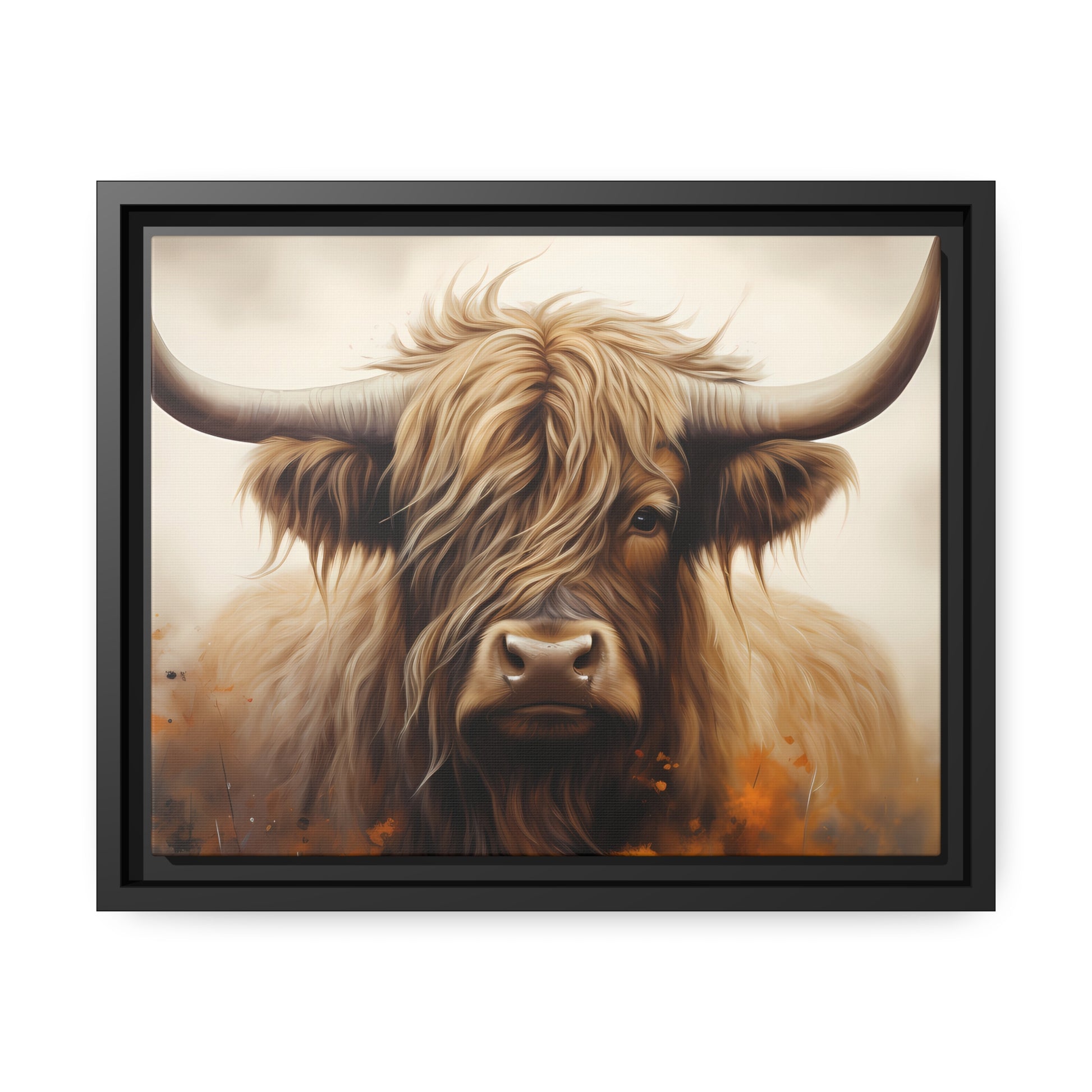 Framed Canvas Artwork Strong Stunning Highlander Bull Warm Fiery Flames Emotional Stylish Bull Staring Into The Viewer Captivating Highly Detailed Painting Style Perfect To Warm Up A Homestead Or Country Home