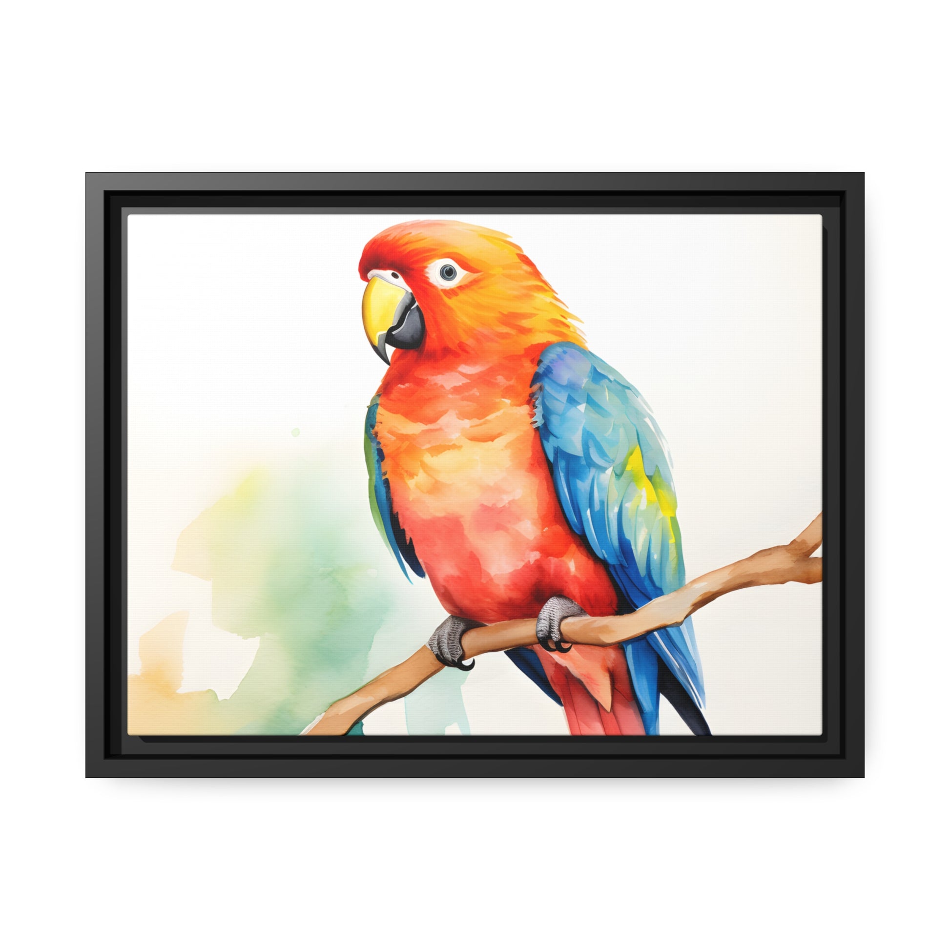 Framed Canvas Artwork Bright Red Parrot With Blue Wings Perched On A Tree Branch Water Color Painting Style