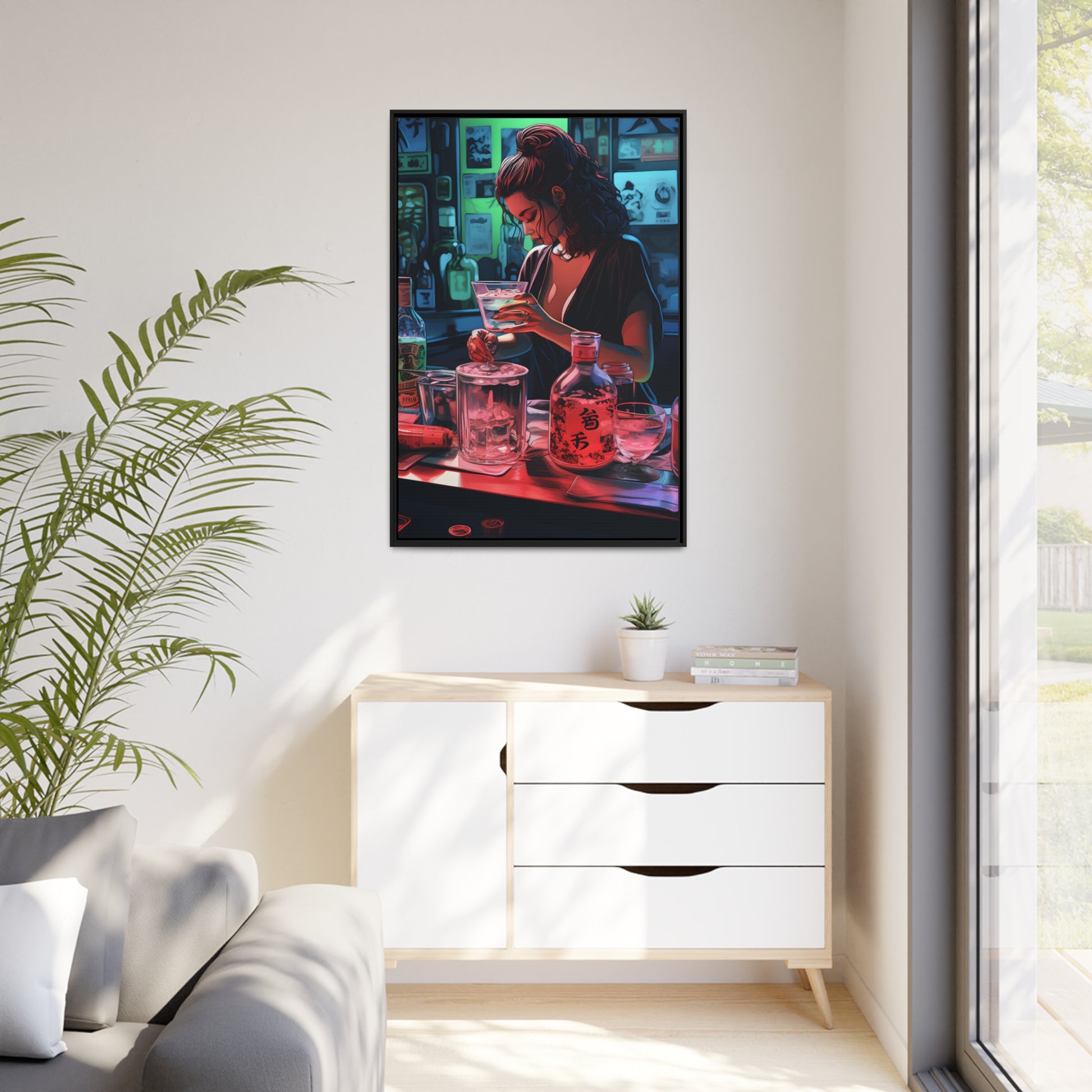 Framed Canvas artwork Japanese Manga Style Bar/Night Life Art Attractive Young Bartender Mixing Drinks In A Busy Neon Lit Bar Framed Canvas Painting Alcohol Art