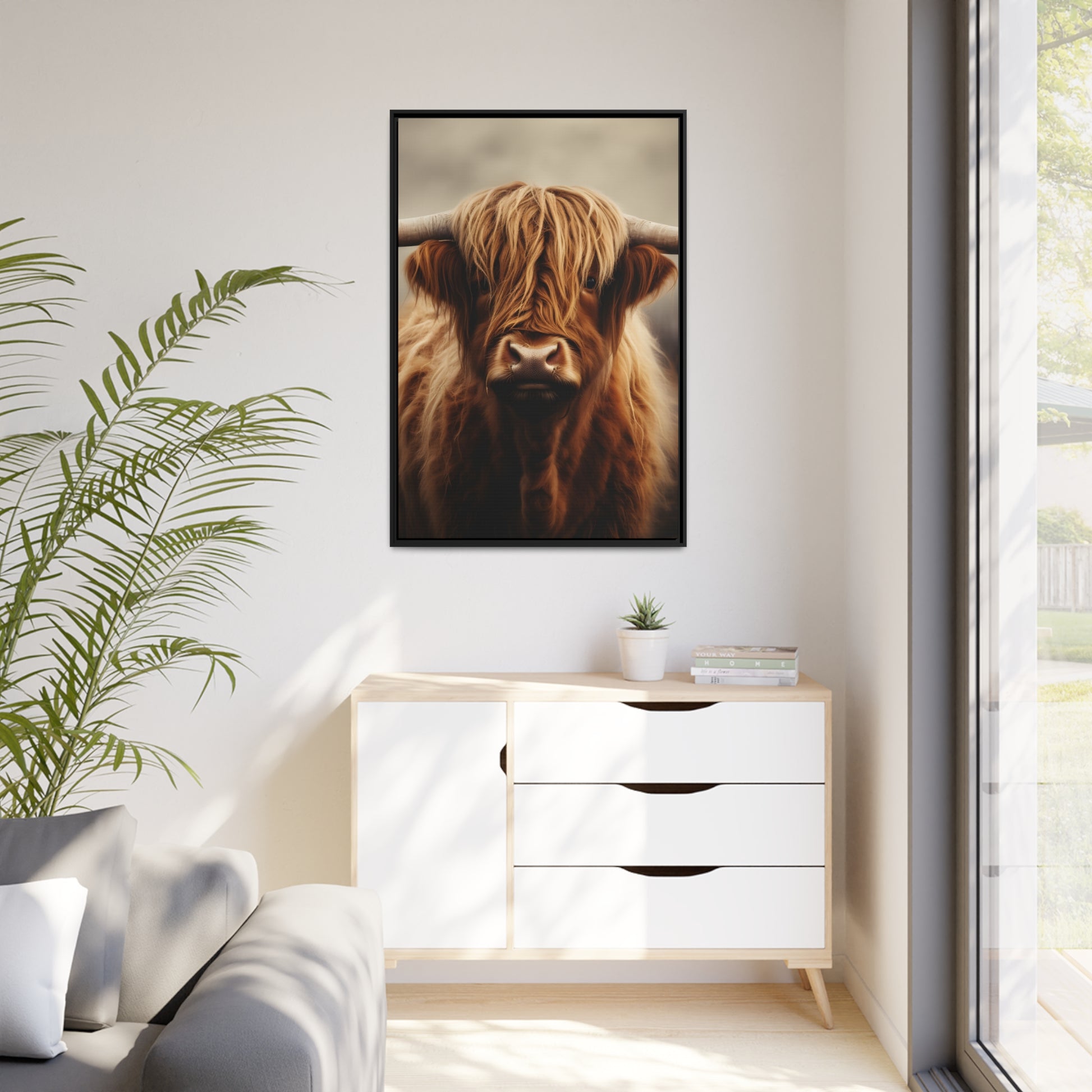 Framed Canvas Artwork Strong Stunning Highlander Bull Warm Fiery Background Emotional Staring Into The Viewer Captivating Highly Detailed Painting Style Perfect To Warm Up A Homestead Or Country Home
