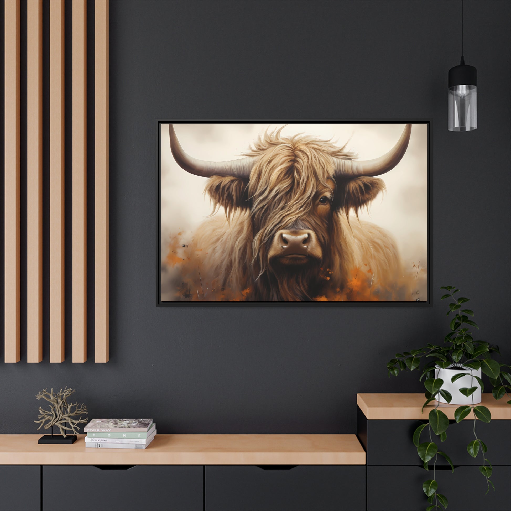 Framed Canvas Artwork Strong Stunning Highlander Bull Warm Fiery Flames Emotional Stylish Bull Staring Into The Viewer Captivating Highly Detailed Painting Style Perfect To Warm Up A Homestead Or Country Home