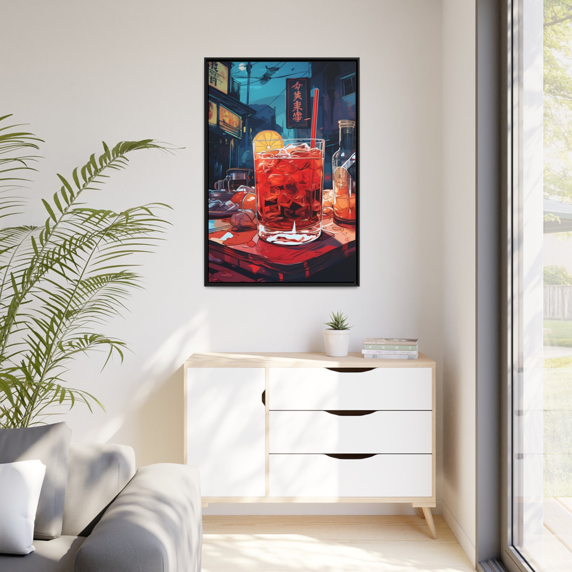 Framed Canvas Artwork Japanese Manga Style Alcohol And Night Life Bar Art Alcoholic Drink With Ice And Lemon Slice Floating Frame Canvas Neon Light Bar Artwork