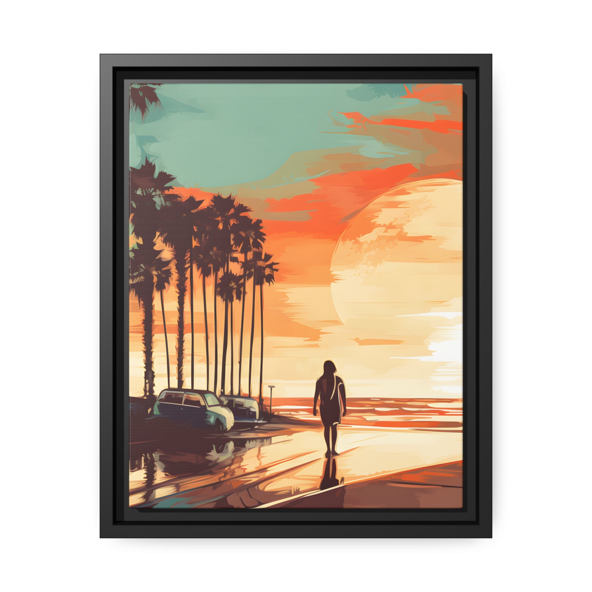 Framed Canvas artwork sunset watercolor oceanside framed painting Warm Colors Vintage Cars And A Large Sun Setting Into The Horizon Floating Canvas Framed Artwork
