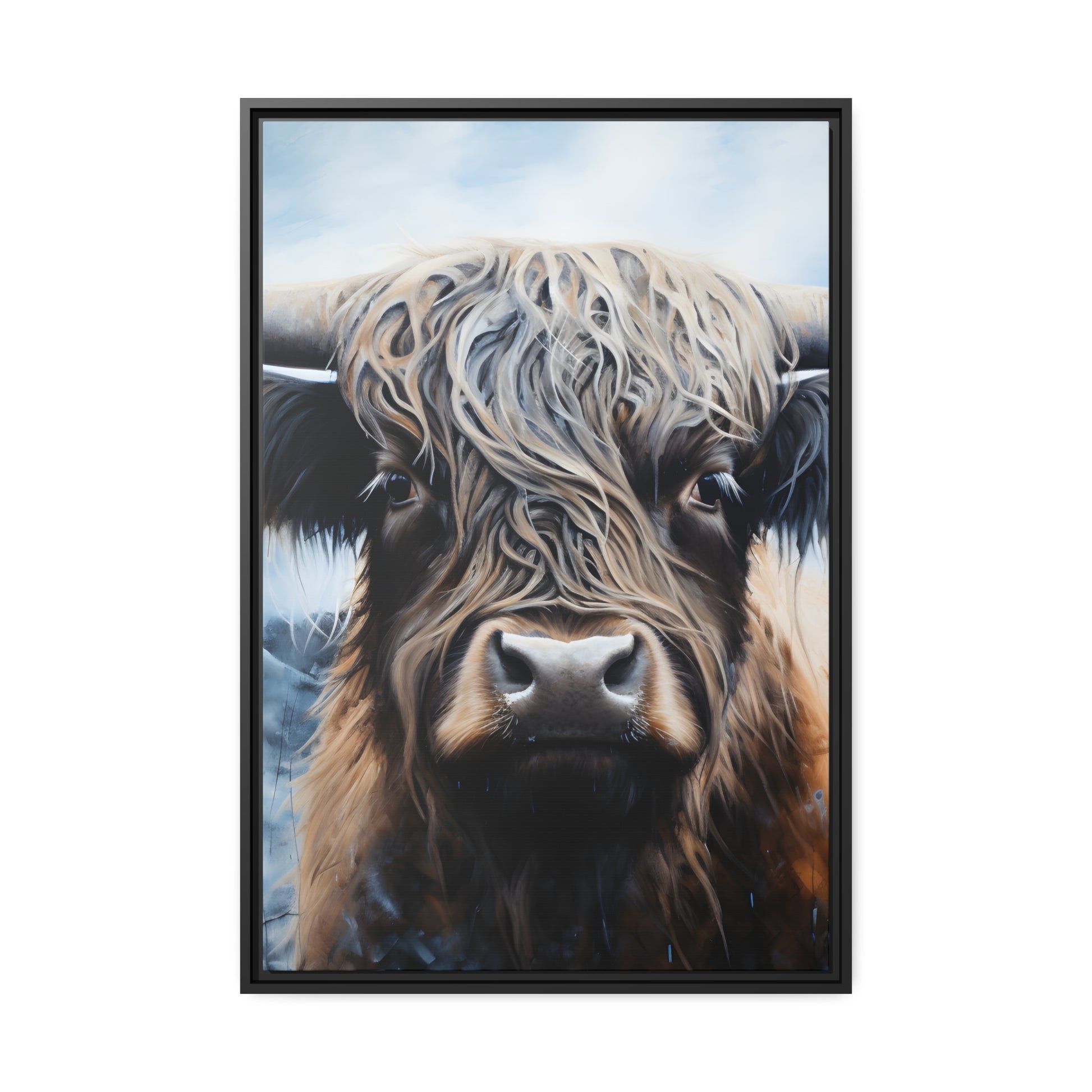 Framed Canvas Artwork Strong Stunning Highlander Bull Emotional Staring Into The Viewer Captivating Highly Detailed Painting Style