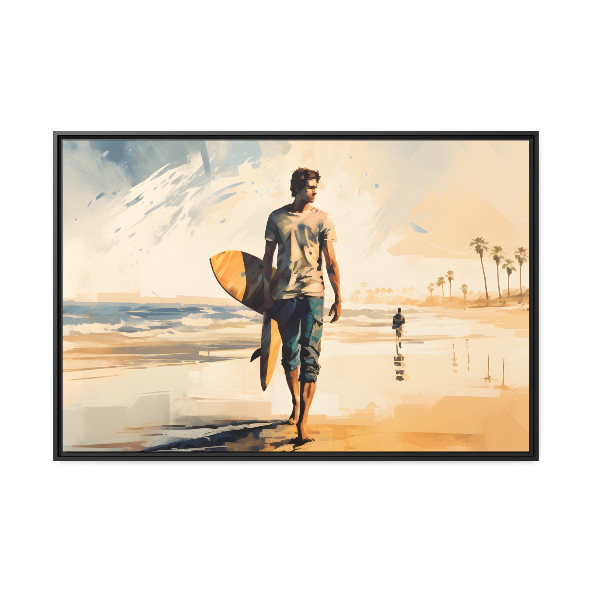Framed Lifestyle/Ocean Side Artwork Stunning Watercolor Style Framed Painting Waves Surfer Surfing
